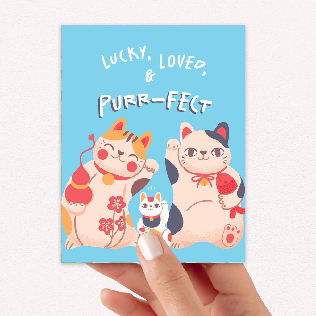 A hand holds a square blue lucy cat newborn card featuring three cute illustrated cats and the text 'LUCKY, LOVED, & PURR-FECT'. The card is shown against a plain light background.