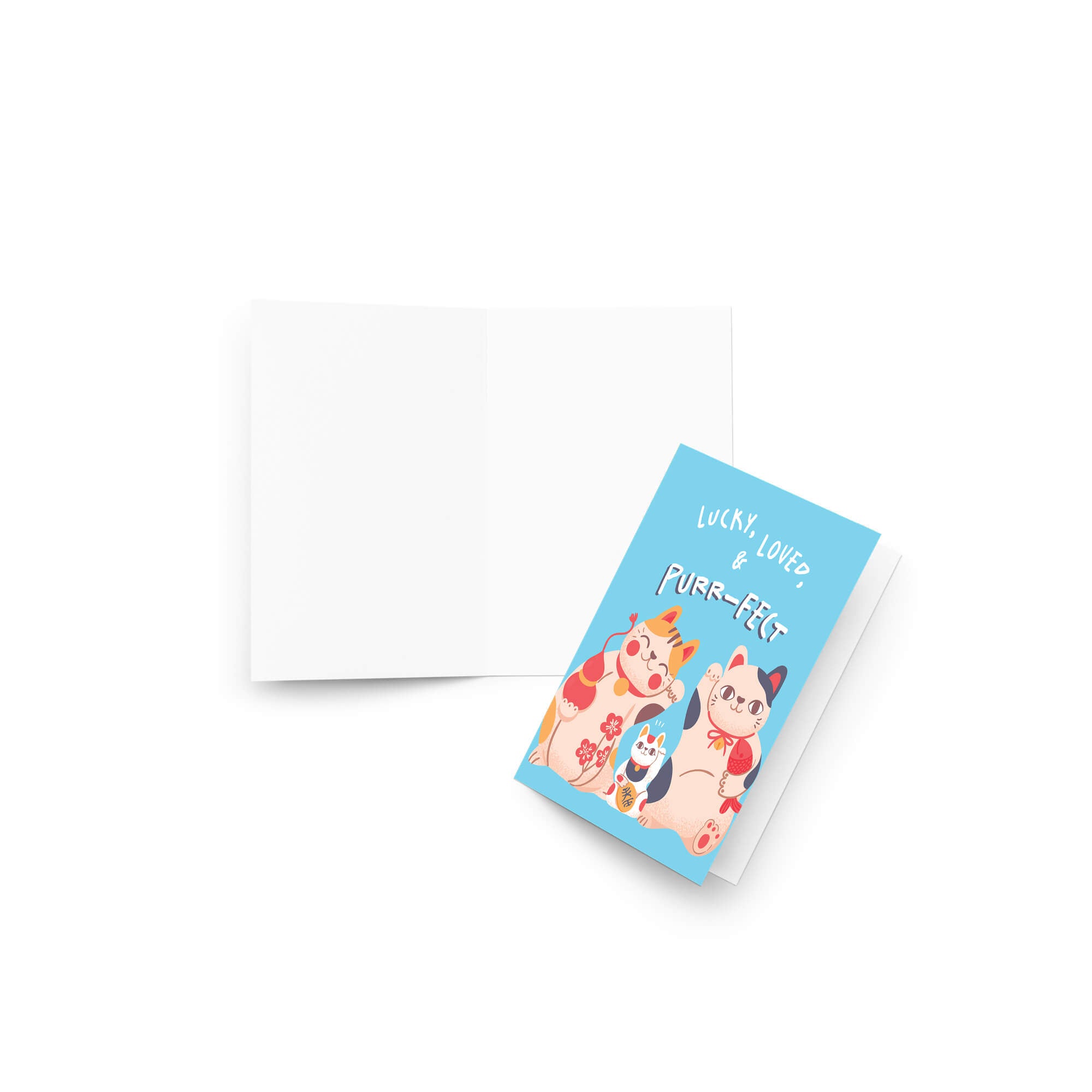 A baby shower greeting card with a light blue cover featuring three cute illustrated maneki-neko (lucky cats) and the text 'Lucky Love & PURR-EEF', shown next to an open blank white card on a clean white background.