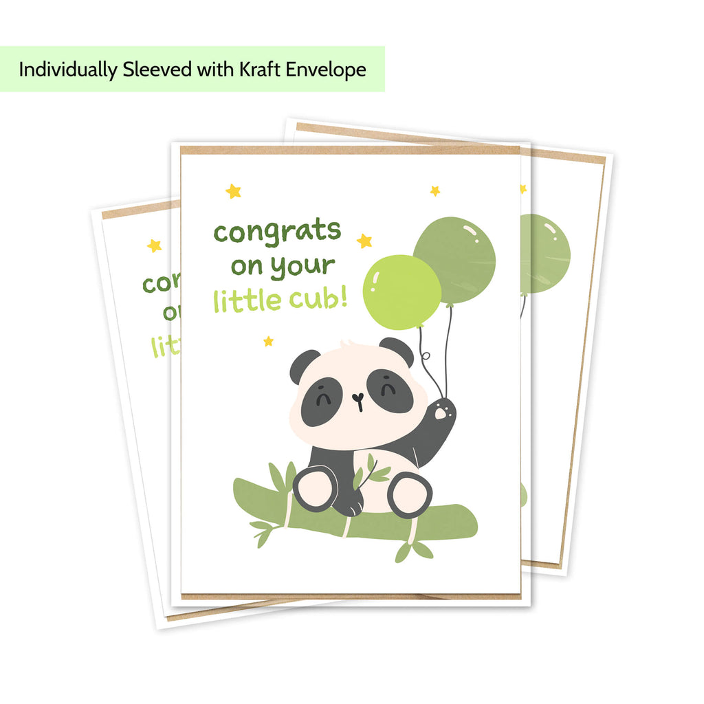 A cute baby shower card featuring a cartoon panda holding green balloons on a bamboo branch, with the text 'congrats on your little cub!'. The card is shown with kraft envelopes, and a text banner at the top reads 'Individually Sleeved with Kraft Envelope'.
