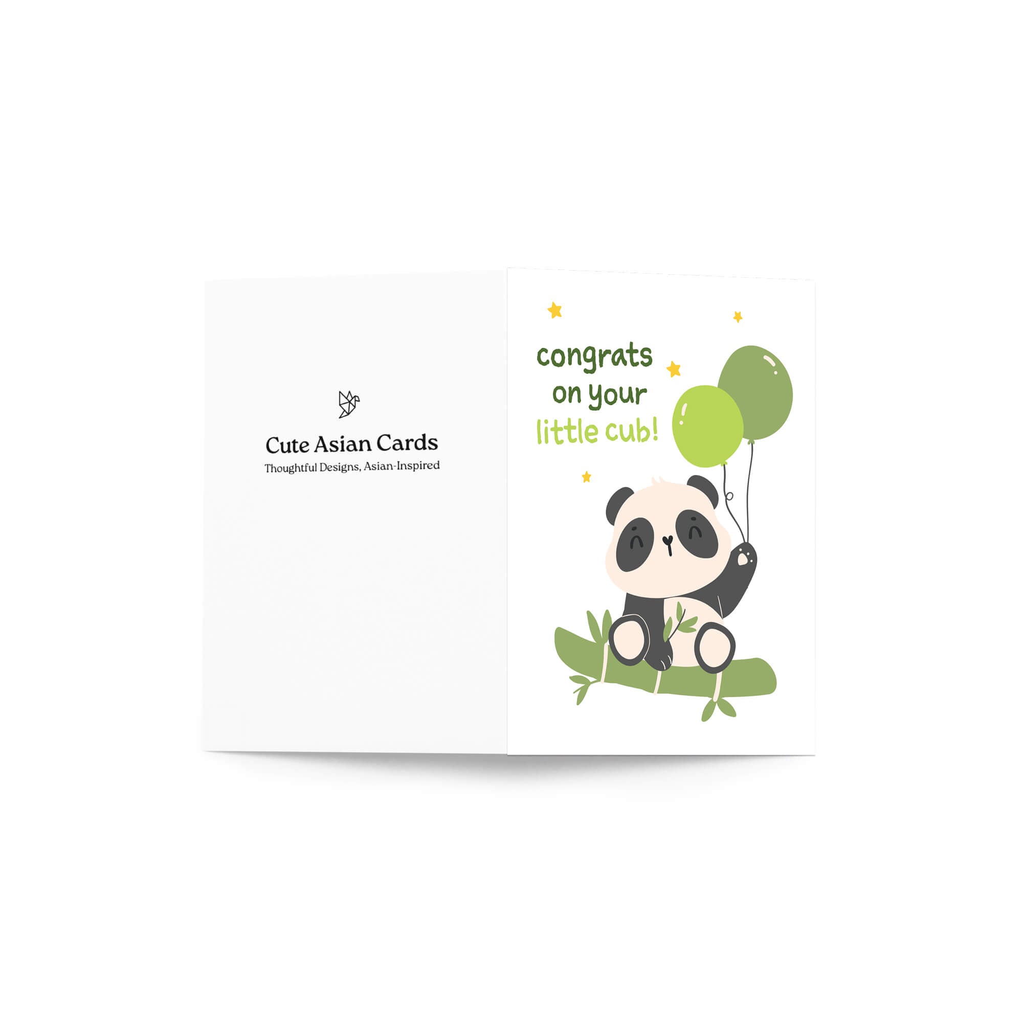 A folded newborn baby card shown open against a white background. The left panel reads 'Cute Asian Cards' with a small logo, and the right panel features a cartoon panda sitting on bamboo with green balloons and the text 'congrats on your little cub!'.