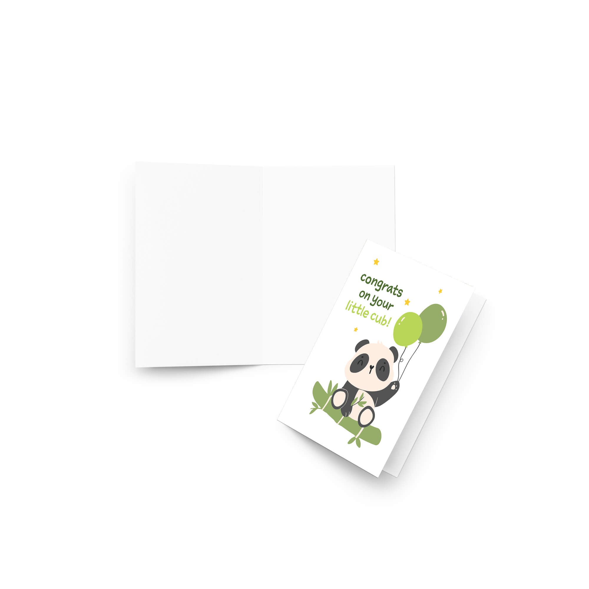A folded baby shower card with a cute panda illustration and the text 'congrats on your little cub!' next to an open blank white card, shown on a clean white background.