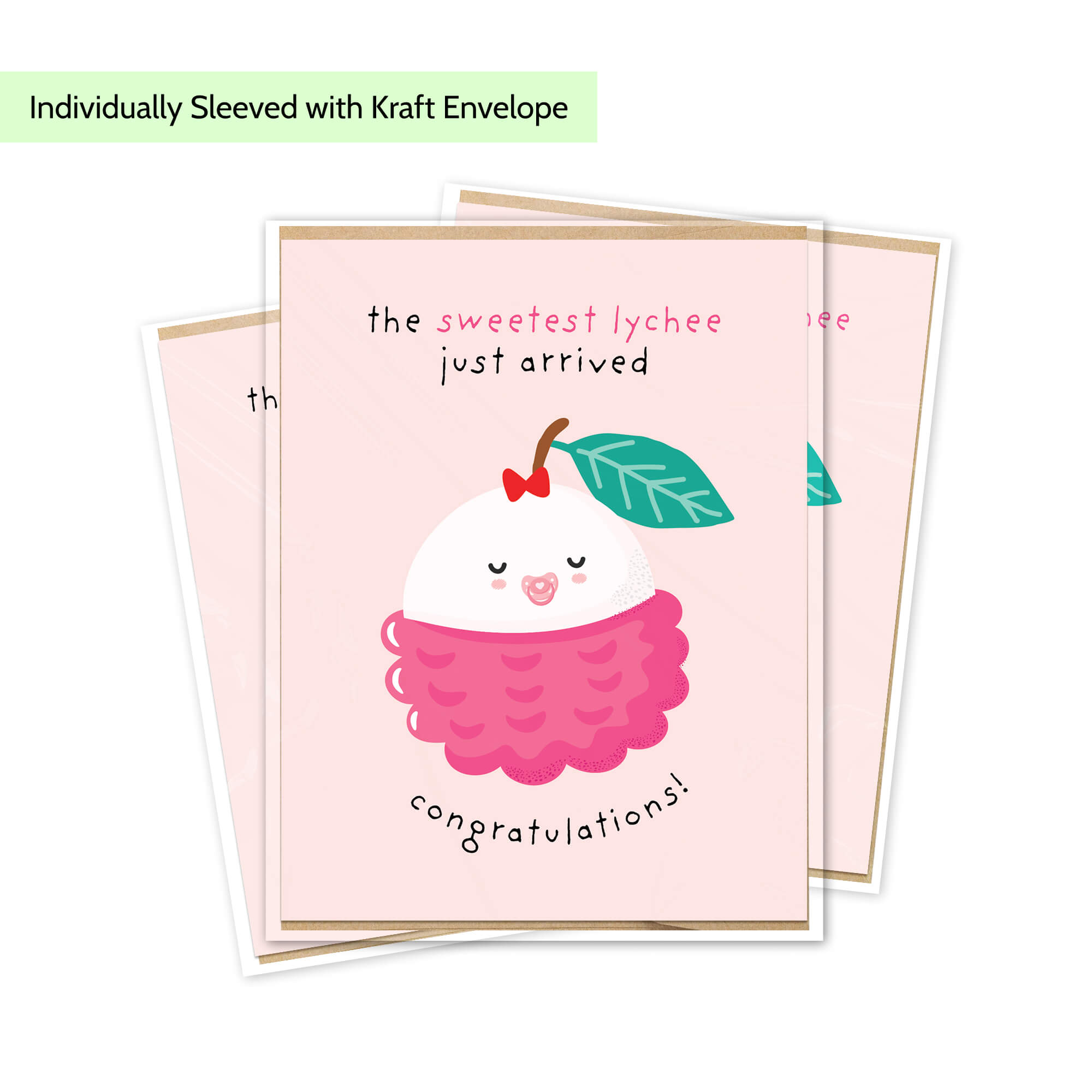 A stack of pink baby shower greeting cards with a cute lychee illustration and the text 'the sweetest lychee just arrived' and 'congratulations!'. A light green banner at the top reads 'Individually Sleeved with Kraft Envelope'.