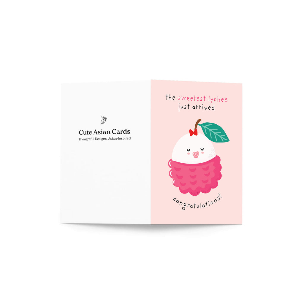 A folded baby shower card shown open against a white background. The left panel is white with the text 'Cute Asian Cards' and a small logo.