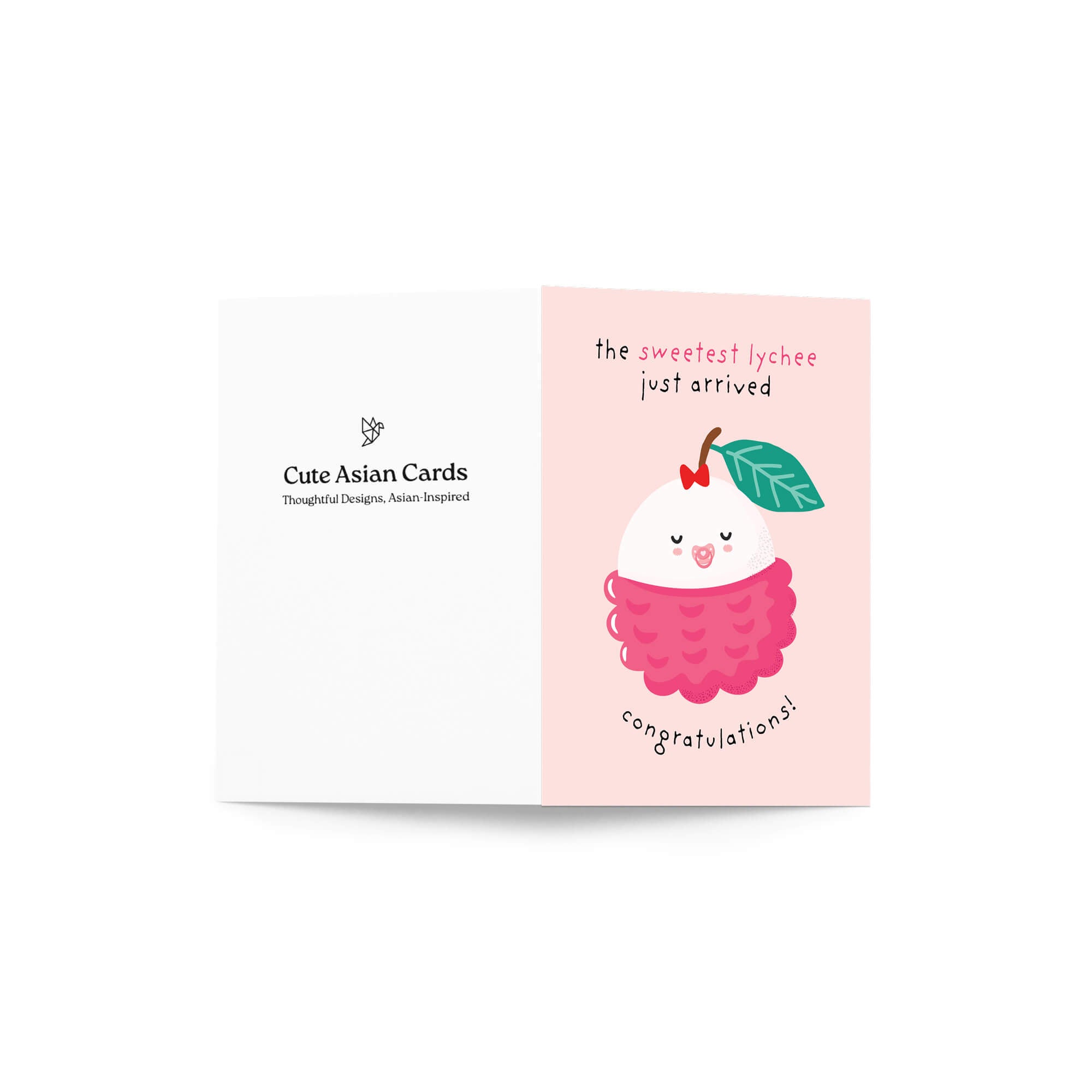 A folded baby shower card shown open against a white background. The left panel is white with the text 'Cute Asian Cards' and a small logo.