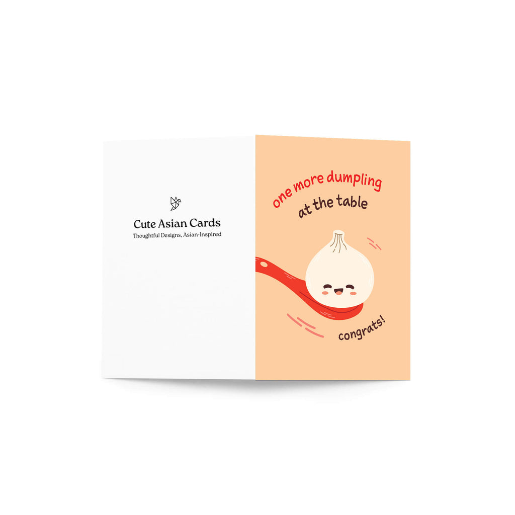 A baby shower greeting card shown open against a white background. The left panel is white with the text 'Cute Asian Cards' and a small logo.