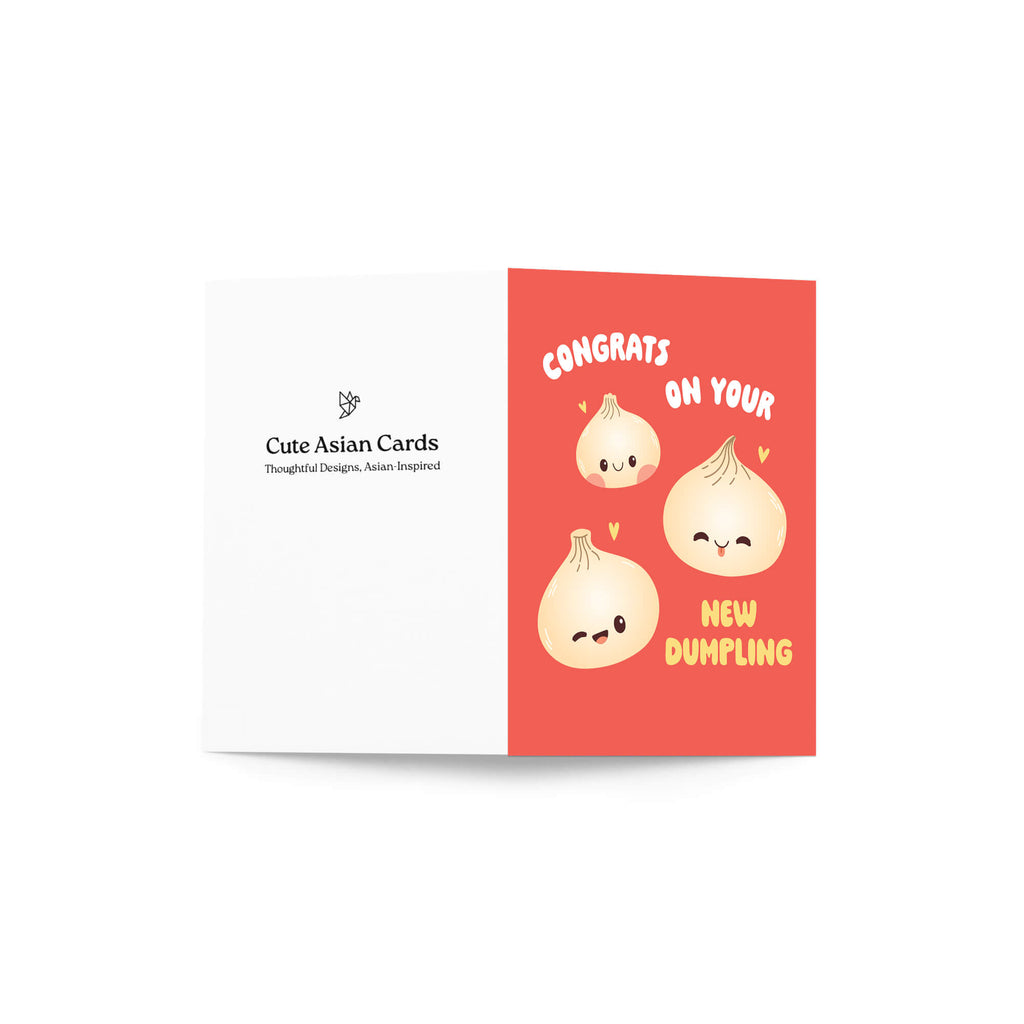 A folded greeting card shown open against a white background. The left panel is white with the text 'Cute Asian Cards' and a small logo.