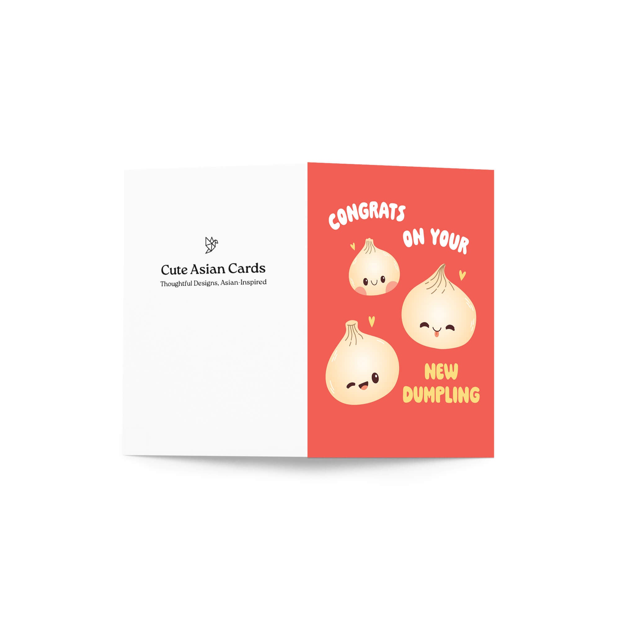 A folded greeting card shown open against a white background. The left panel is white with the text 'Cute Asian Cards' and a small logo.