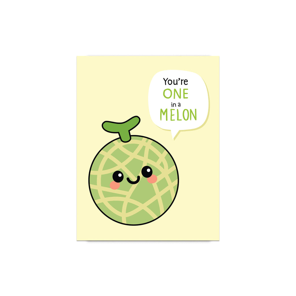 Card with a cartoon green melon and speech bubble on a yellow background