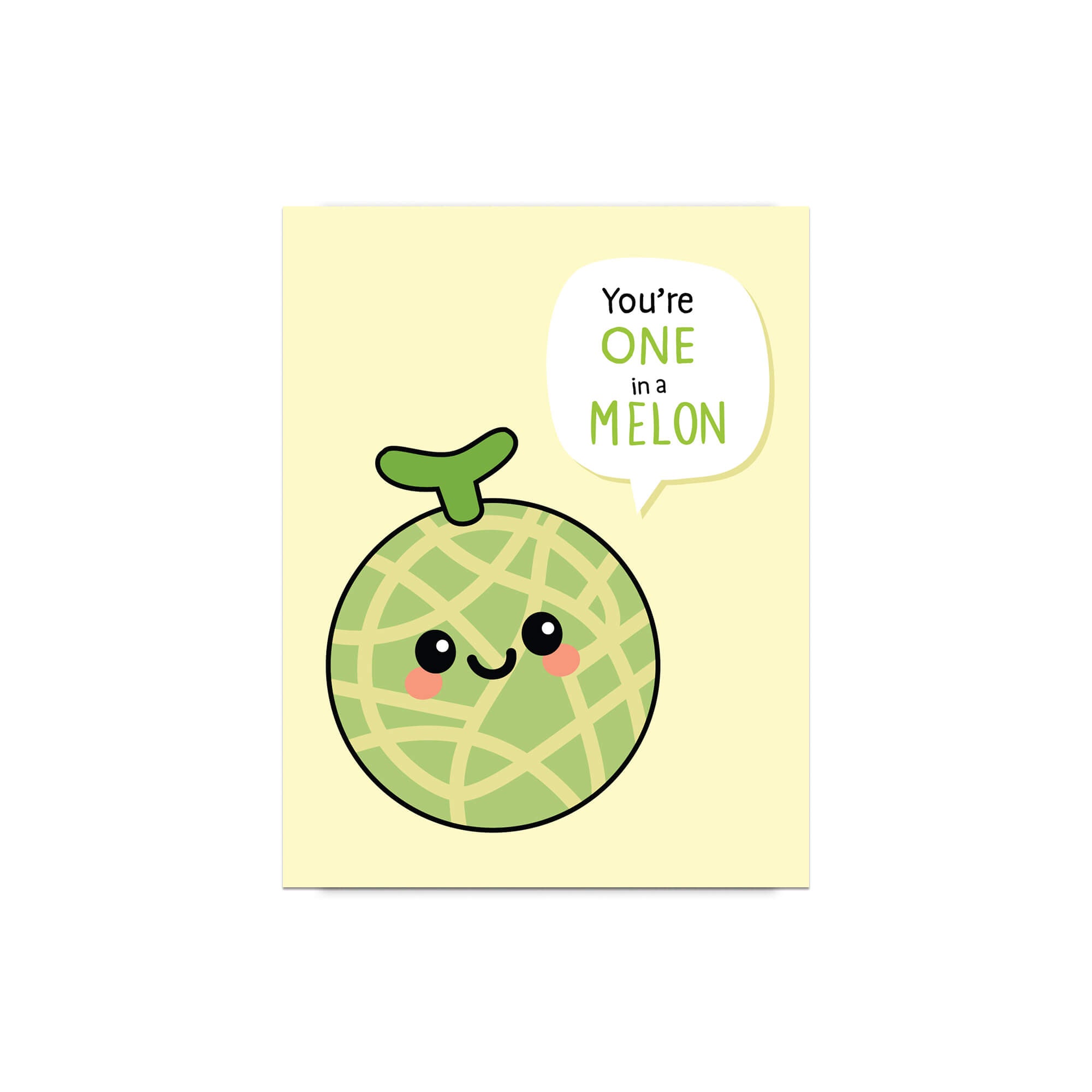 Card with a cartoon green melon and speech bubble on a yellow background