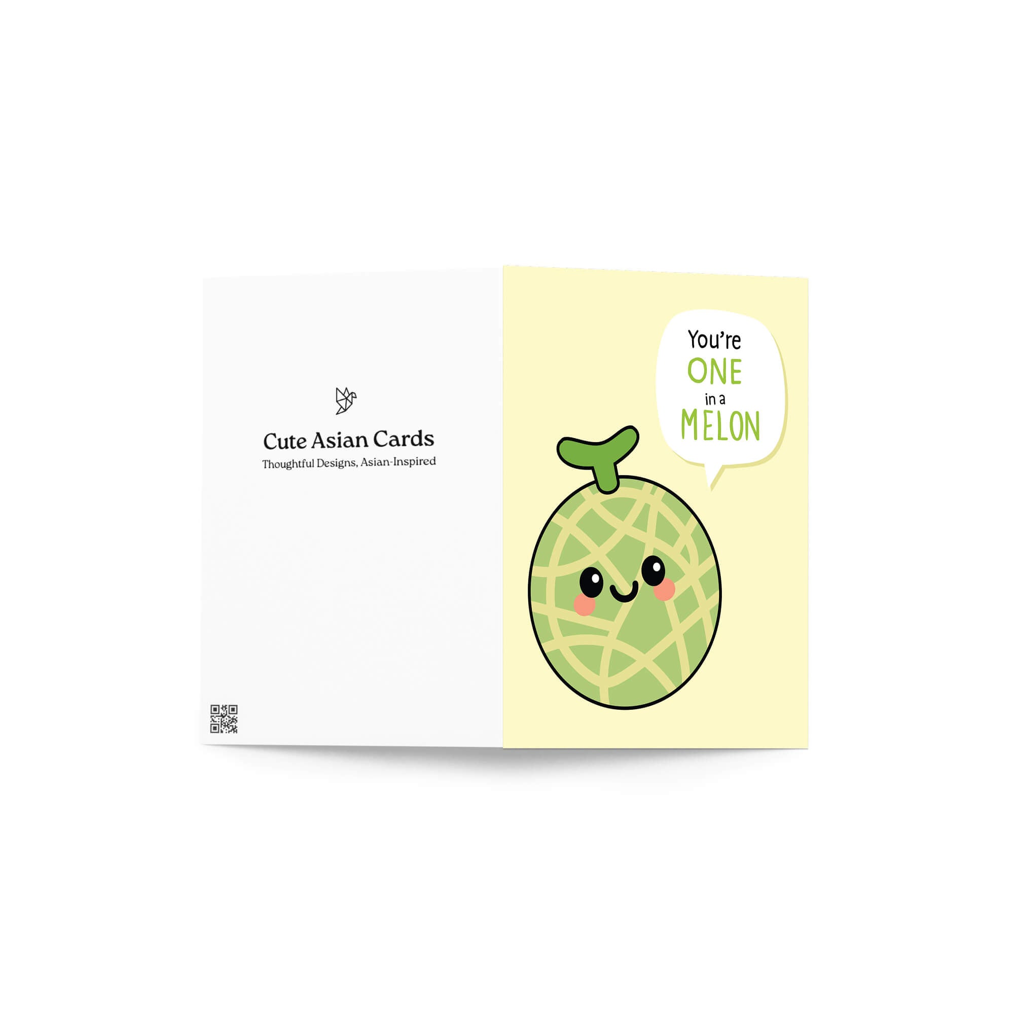 Card with a cartoon cantaloupe
 character and text on a white background