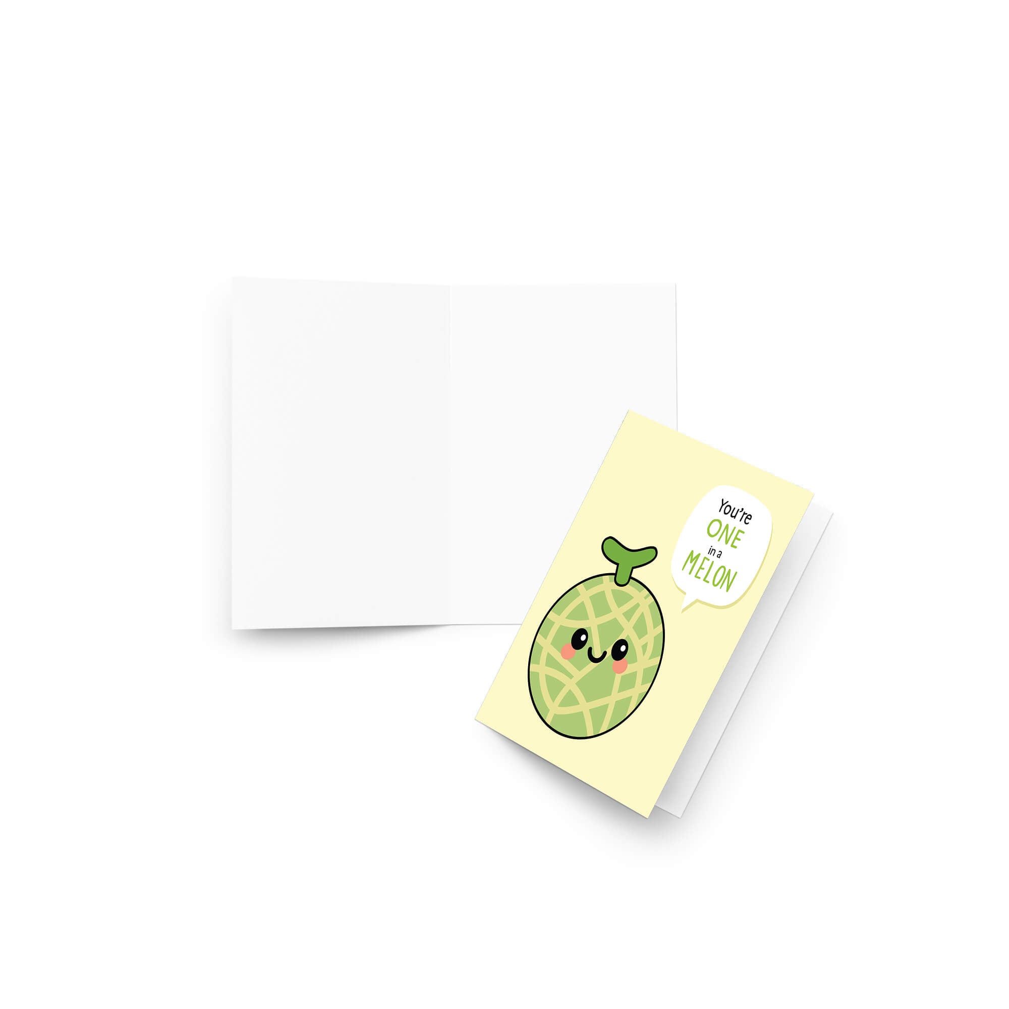 Card with a cartoon cantaloupe fruit and 'You're one in a melon' text on a light yellow background.