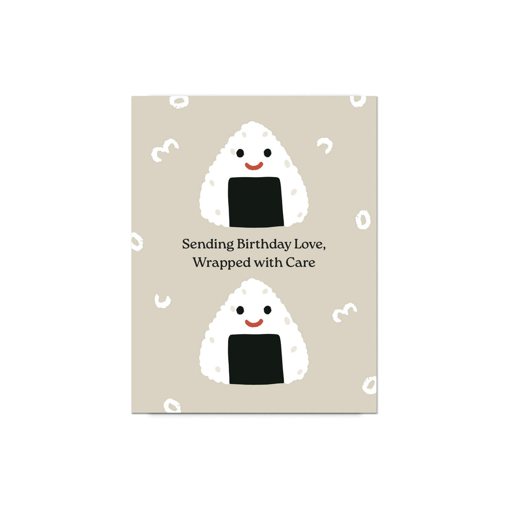 Card with cartoon ghost characters and text 'Sending Birthday Love, Wrapped with Care' on a beige background