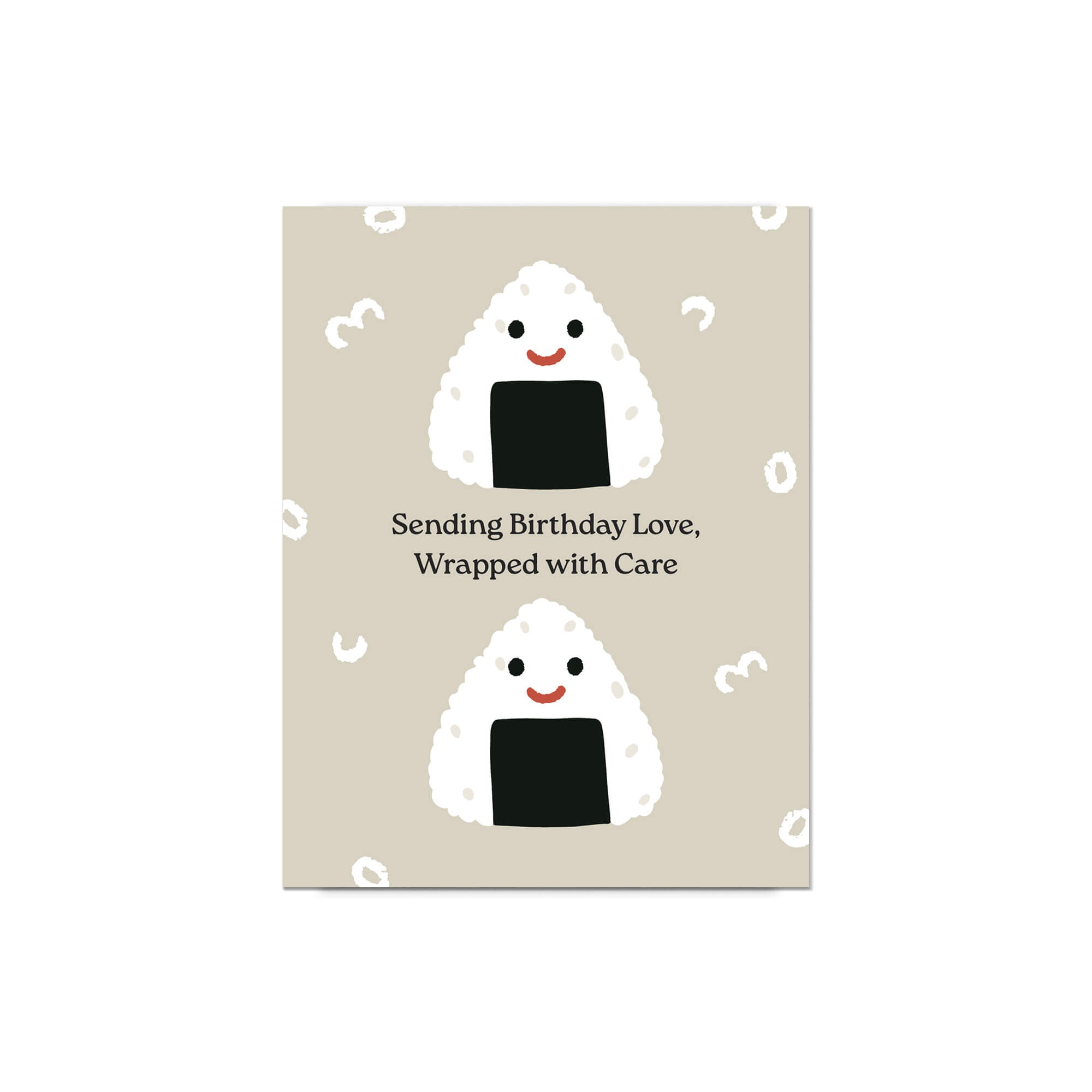 Card with cartoon ghost characters and text 'Sending Birthday Love, Wrapped with Care' on a beige background