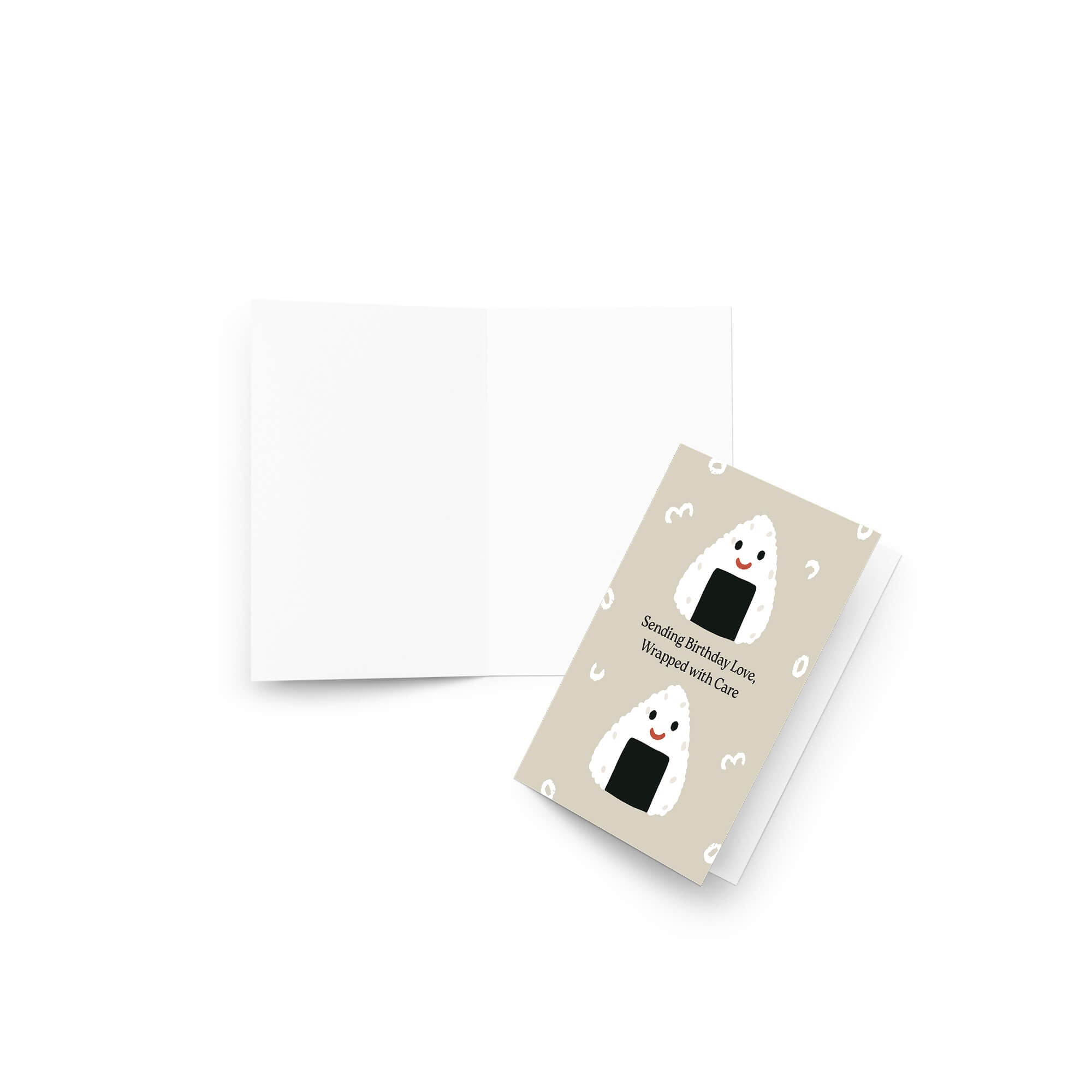 asian Greeting card with japanese rice ball design on a white background