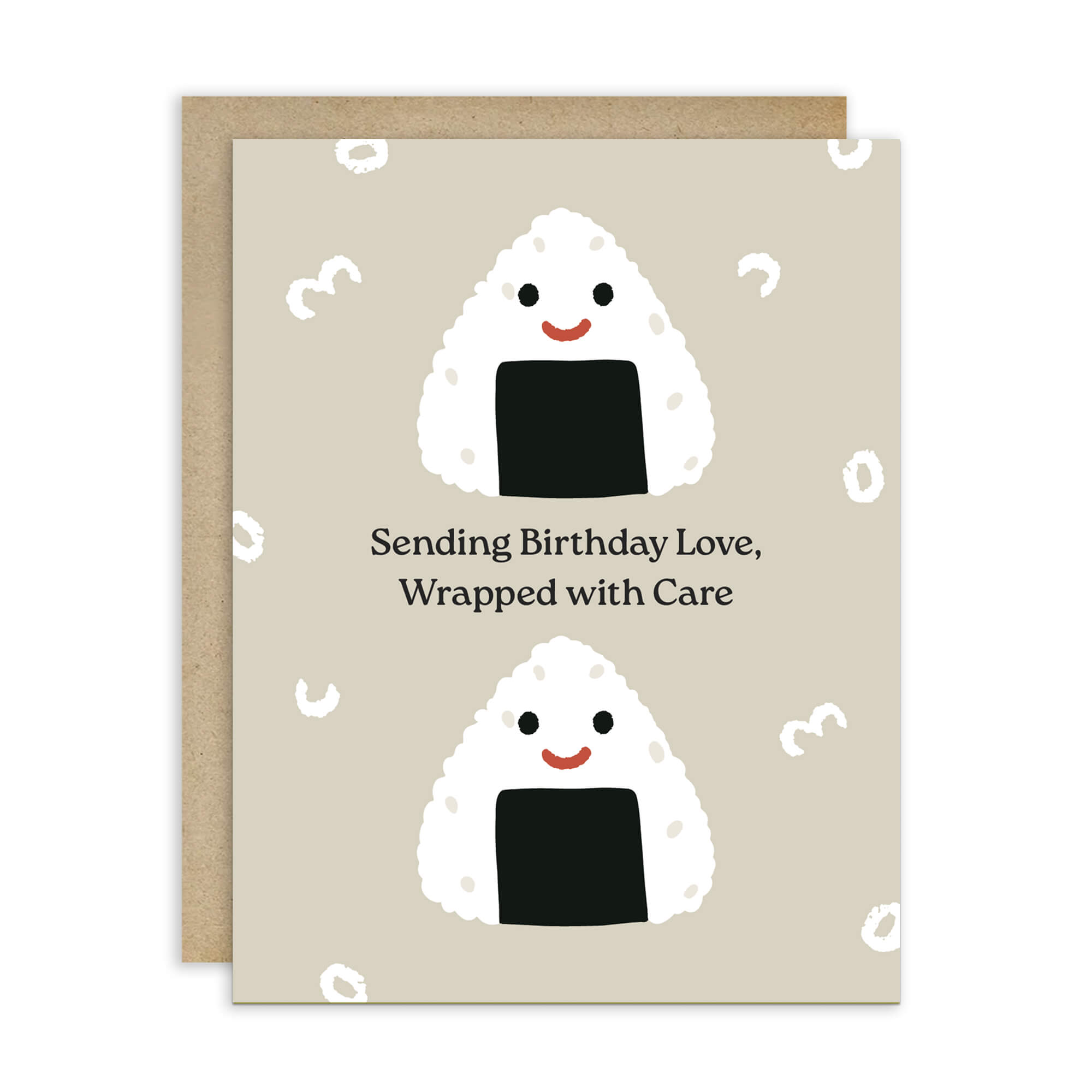 Greeting card with cartoon rice balls and birthday message on a beige background