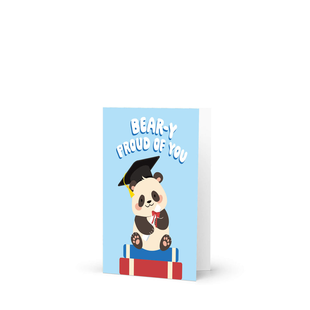 cute graduation card with a panda bear wearing a graduation cap and text 'Bear-y Proud of You' on a blue background.