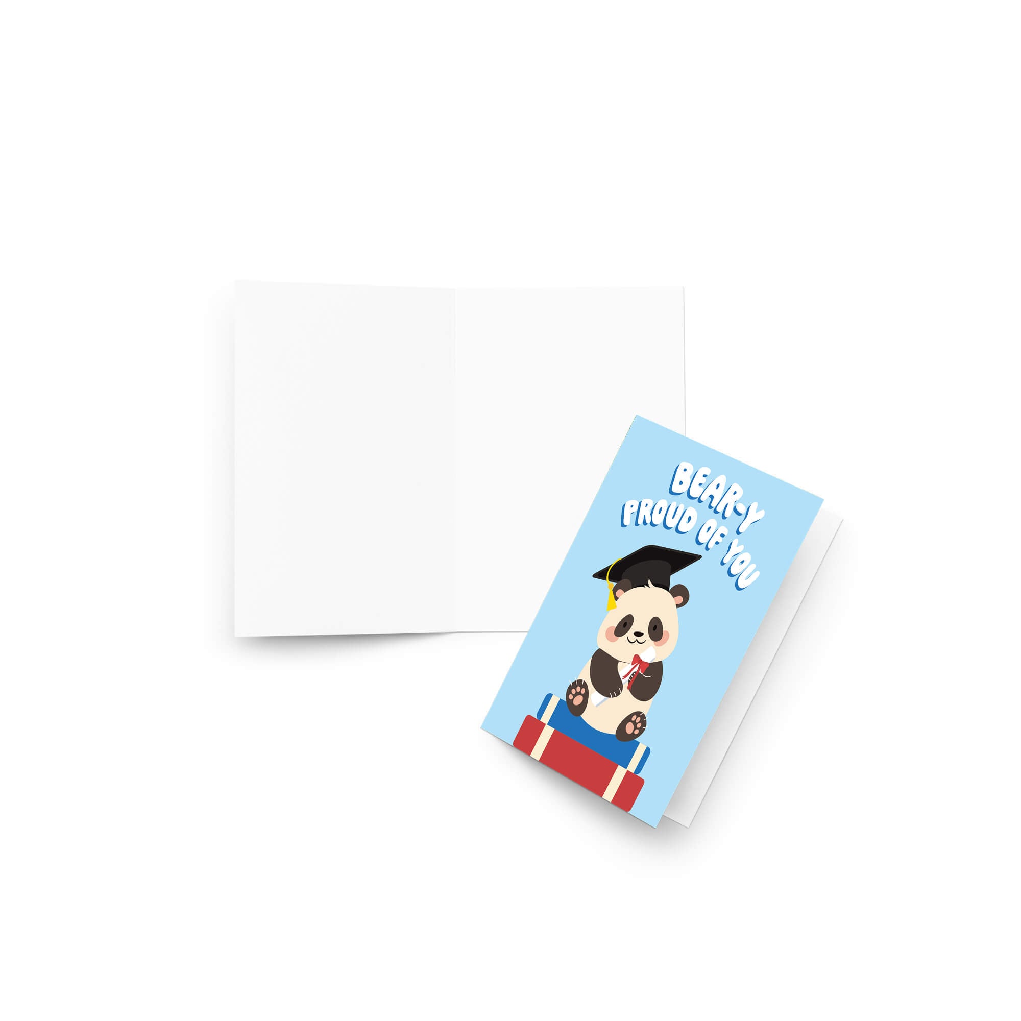cute graduation card with a panda bear wearing a graduation cap and text 'Bear-y Proud of You' on a blue background.