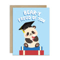 cute graduation card with a panda bear wearing a graduation cap and text 'Bear-y Proud of You' on a blue background.