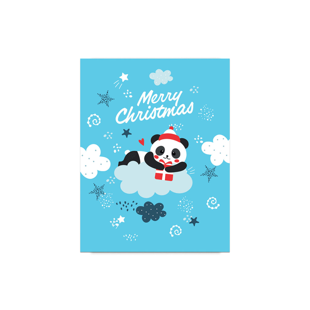 cute christmas card with A panda wearing a Santa hat floats on a cloud holding a red gift box. Surrounded by stars and snowflakes. Text reads “Merry Christmas.”