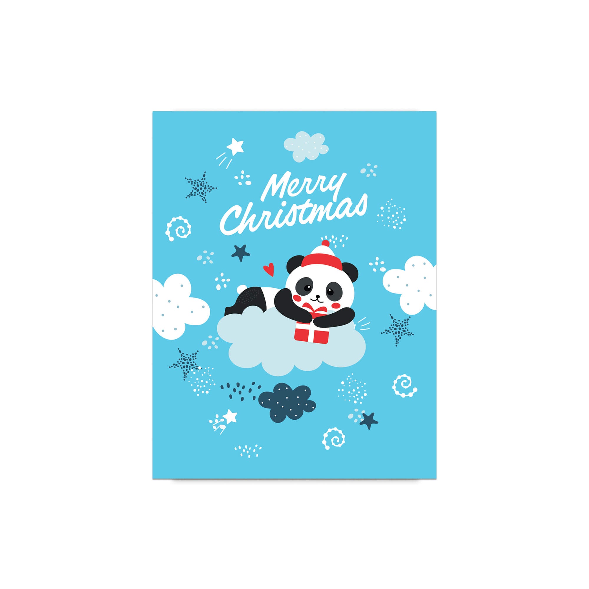cute christmas card with A panda wearing a Santa hat floats on a cloud holding a red gift box. Surrounded by stars and snowflakes. Text reads “Merry Christmas.”