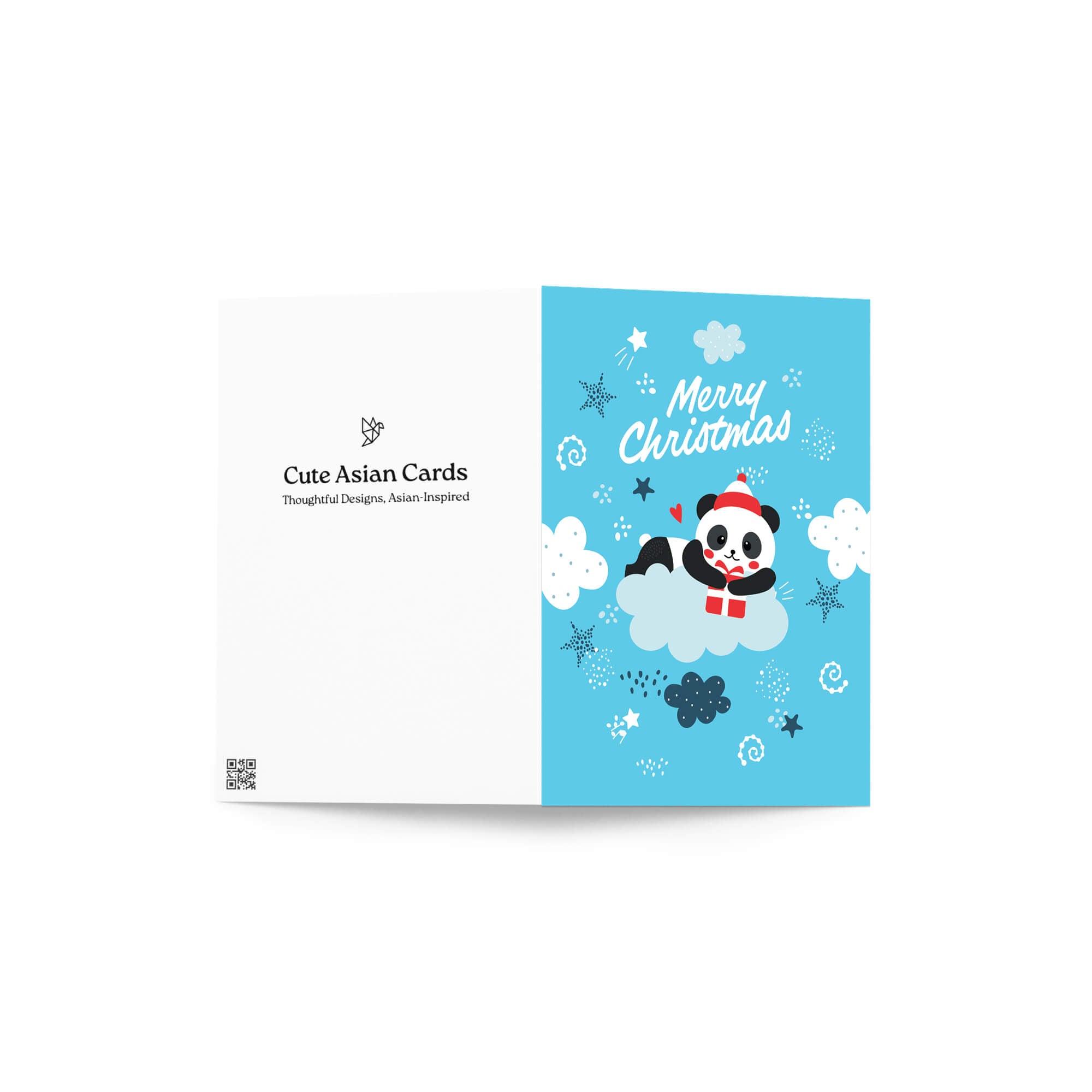 cute christmas card with A panda wearing a Santa hat floats on a cloud holding a red gift box. Surrounded by stars and snowflakes. Text reads “Merry Christmas.”