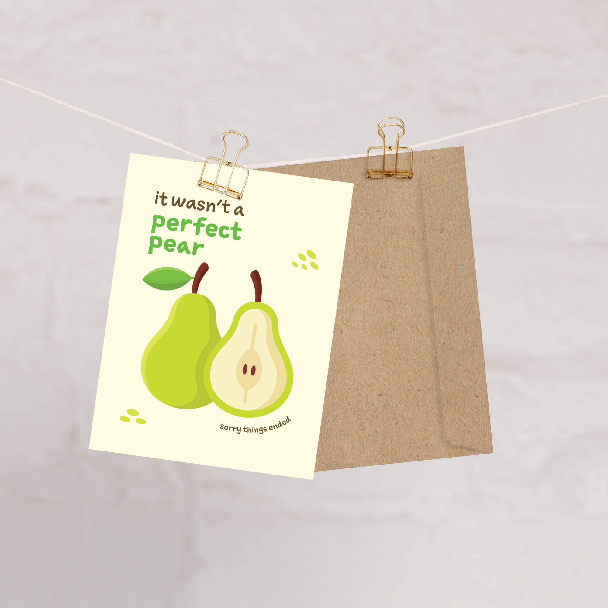 divorce Card with two pears and text 'it wasn't a perfect pear sorry things ended' on a beige background
