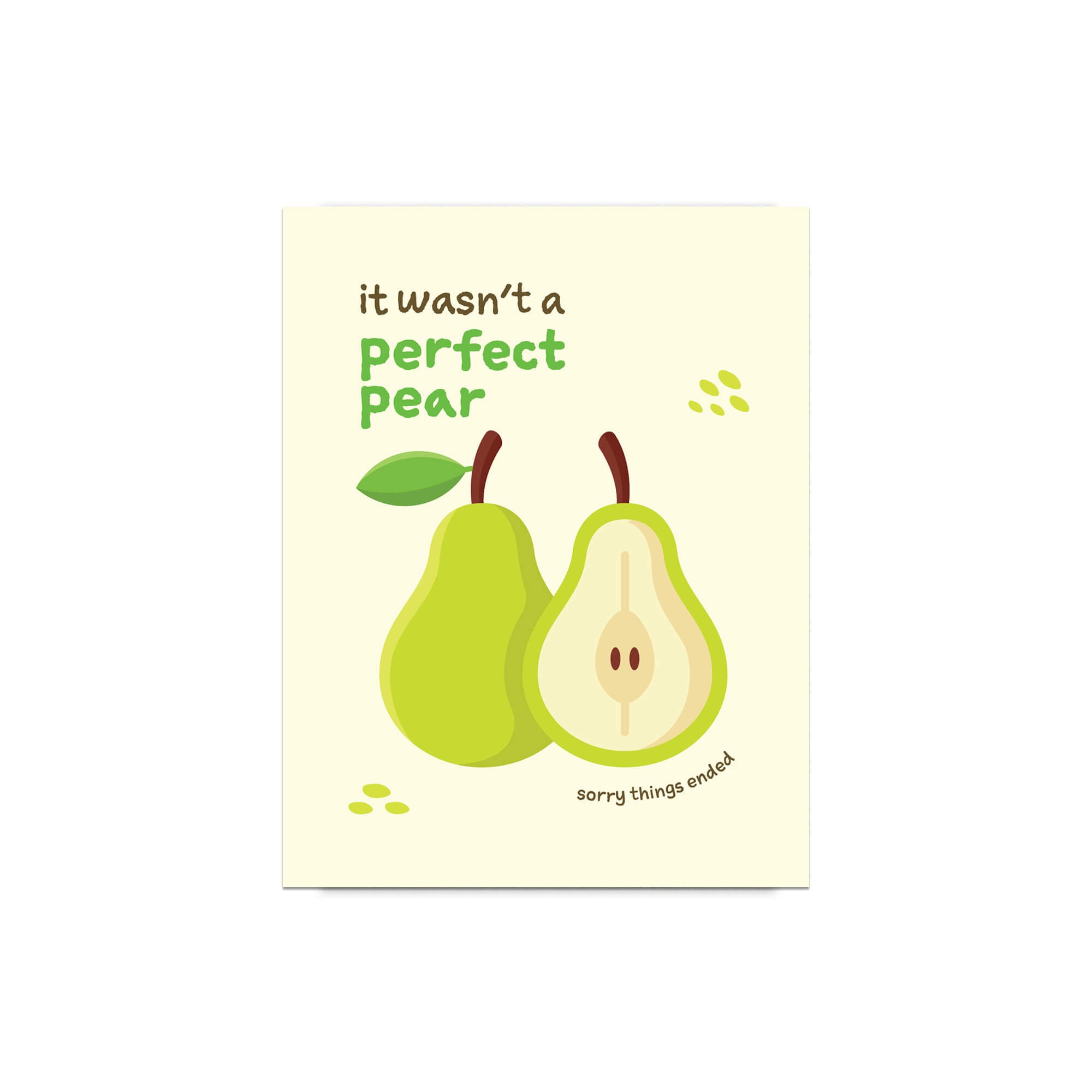 divorce Card with two pears and text 'it wasn't a perfect pear sorry things ended' on a beige background