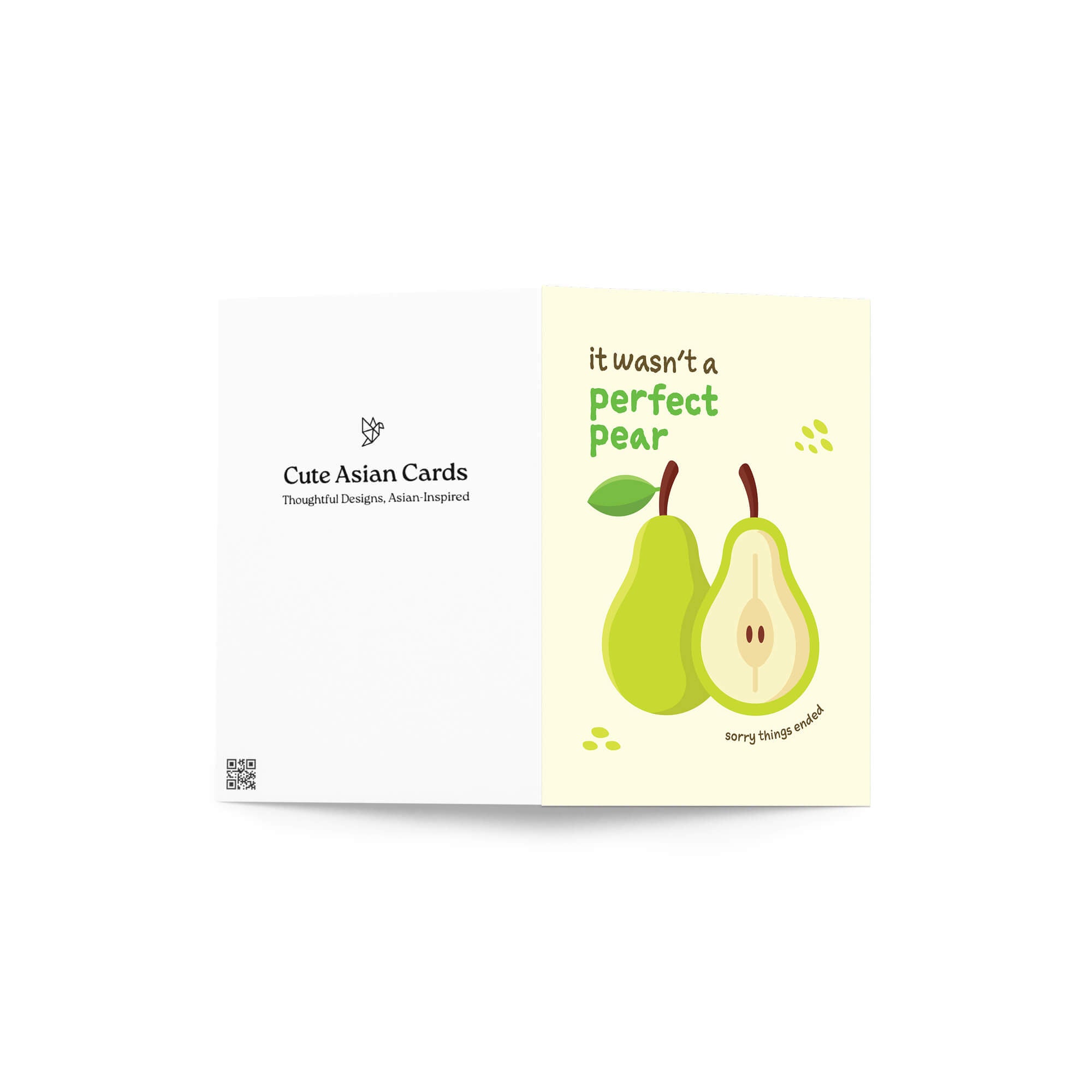 divorce BREAKUP Card with two pears and text 'it wasn't a perfect pear sorry things ended' on a beige background