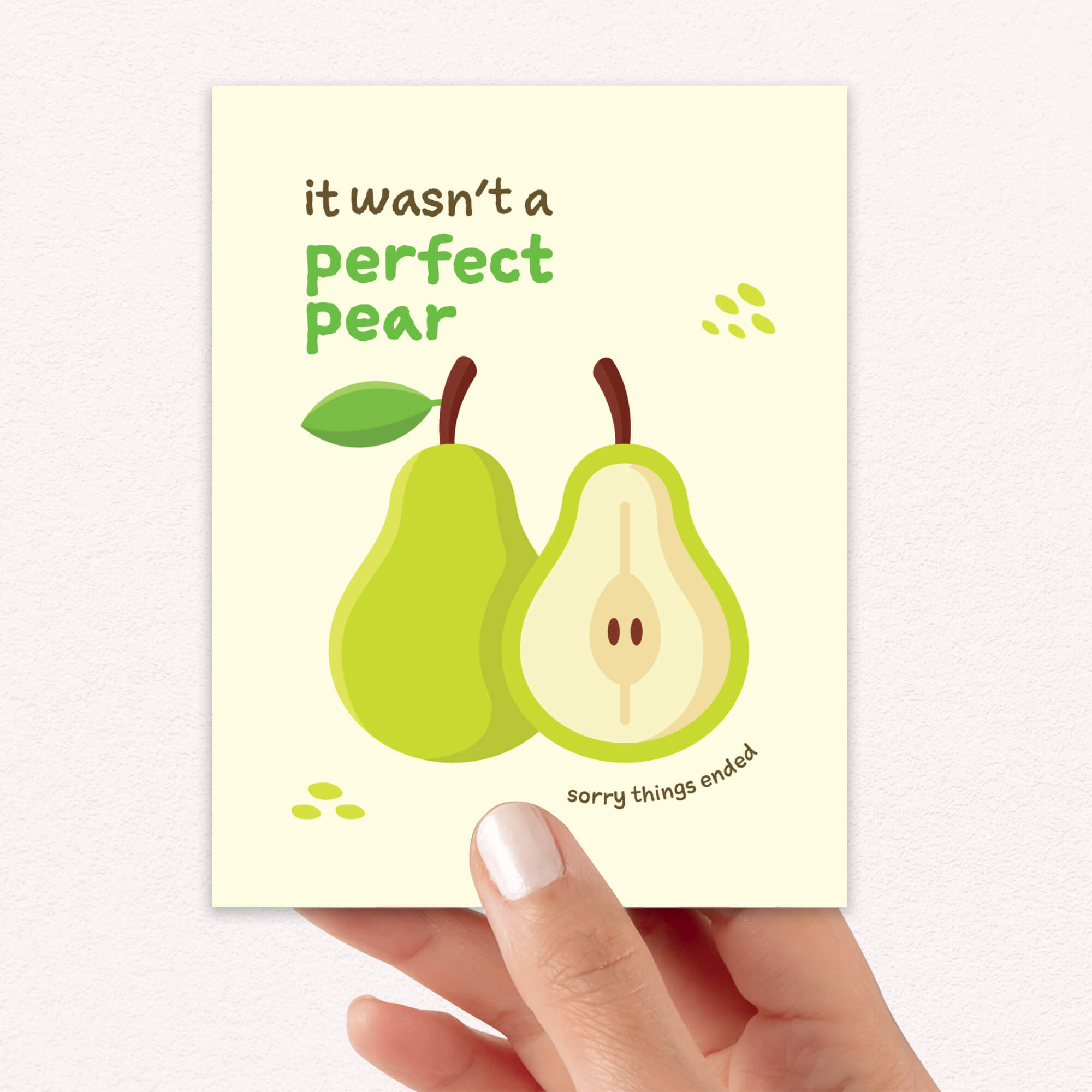 divorce BREAKUP Card with two pears and text 'it wasn't a perfect pear sorry things ended' on a beige background