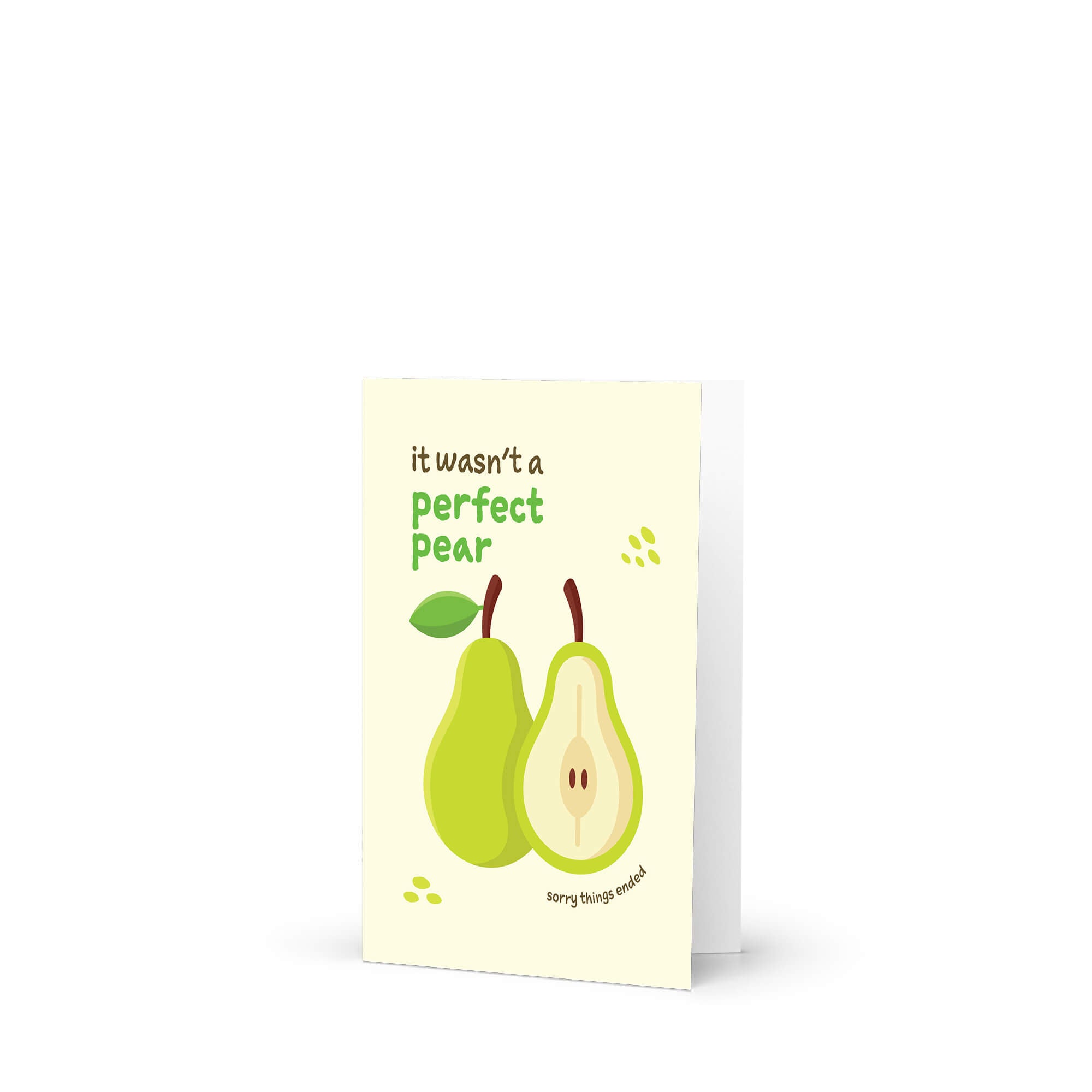 divorce BREAKUP Card with two pears and text 'it wasn't a perfect pear sorry things ended' on a beige background