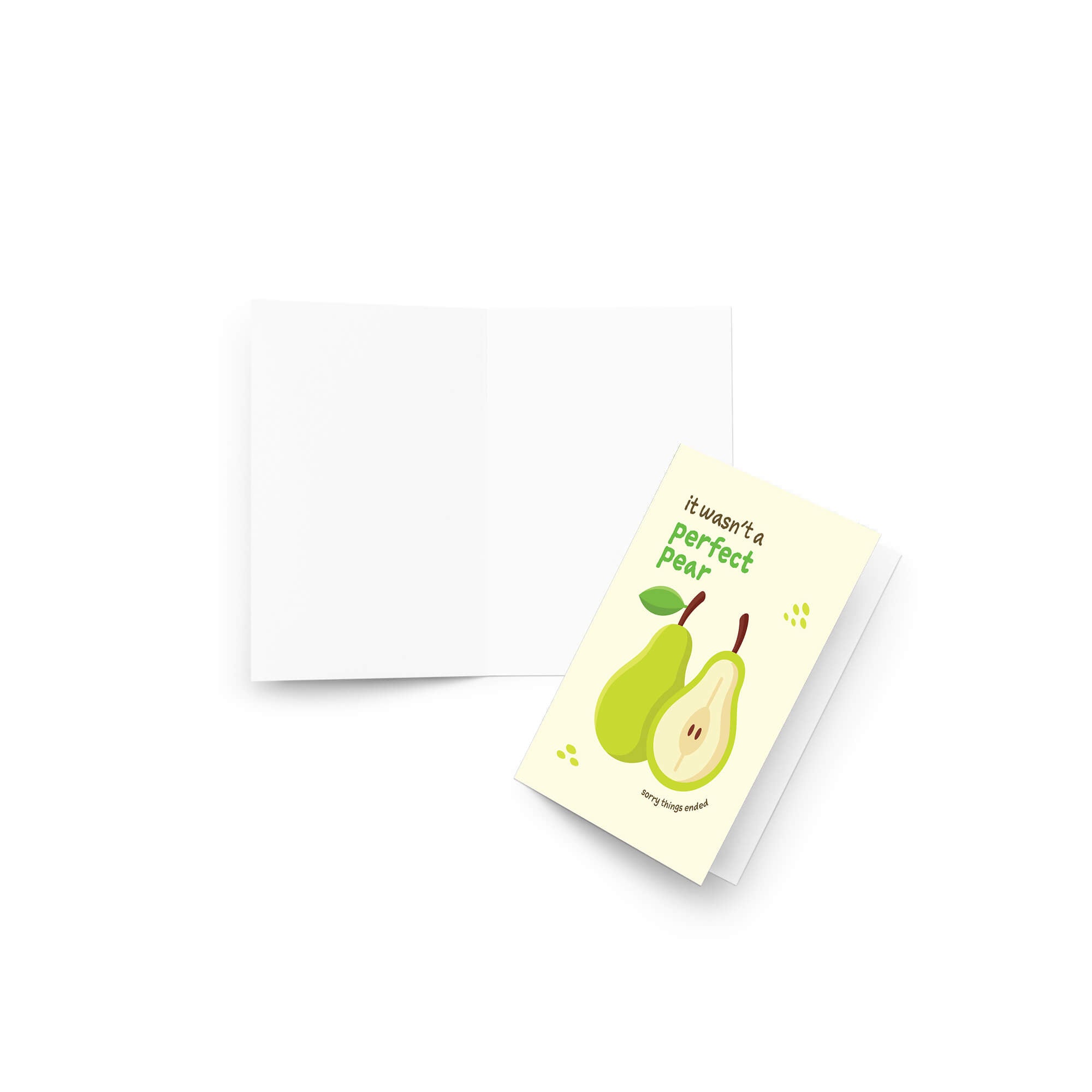 divorce BREAKUP Card with two pears and text 'it wasn't a perfect pear sorry things ended' on a beige background