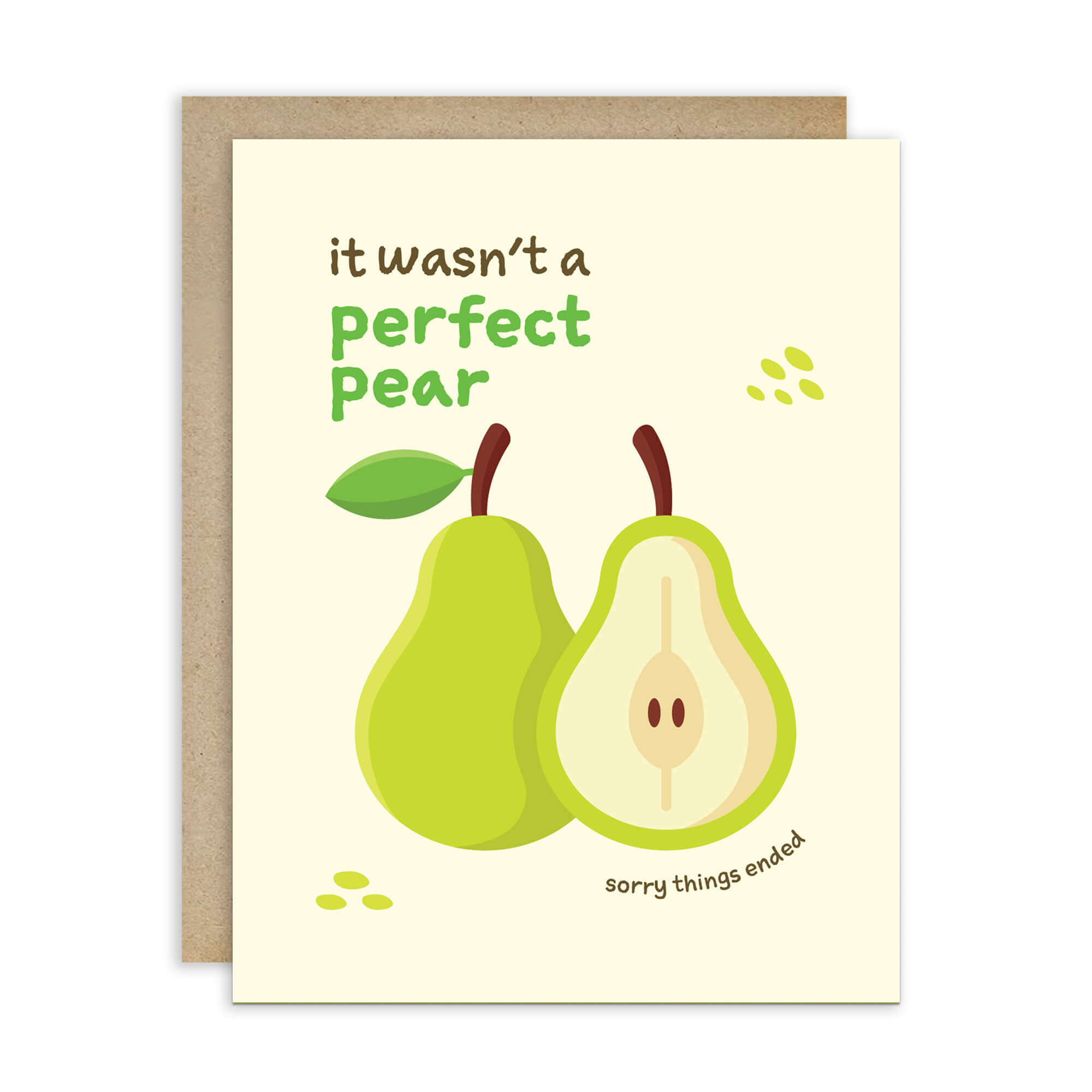 divorce Card with two pears and text 'it wasn't a perfect pear sorry things ended' on a beige background