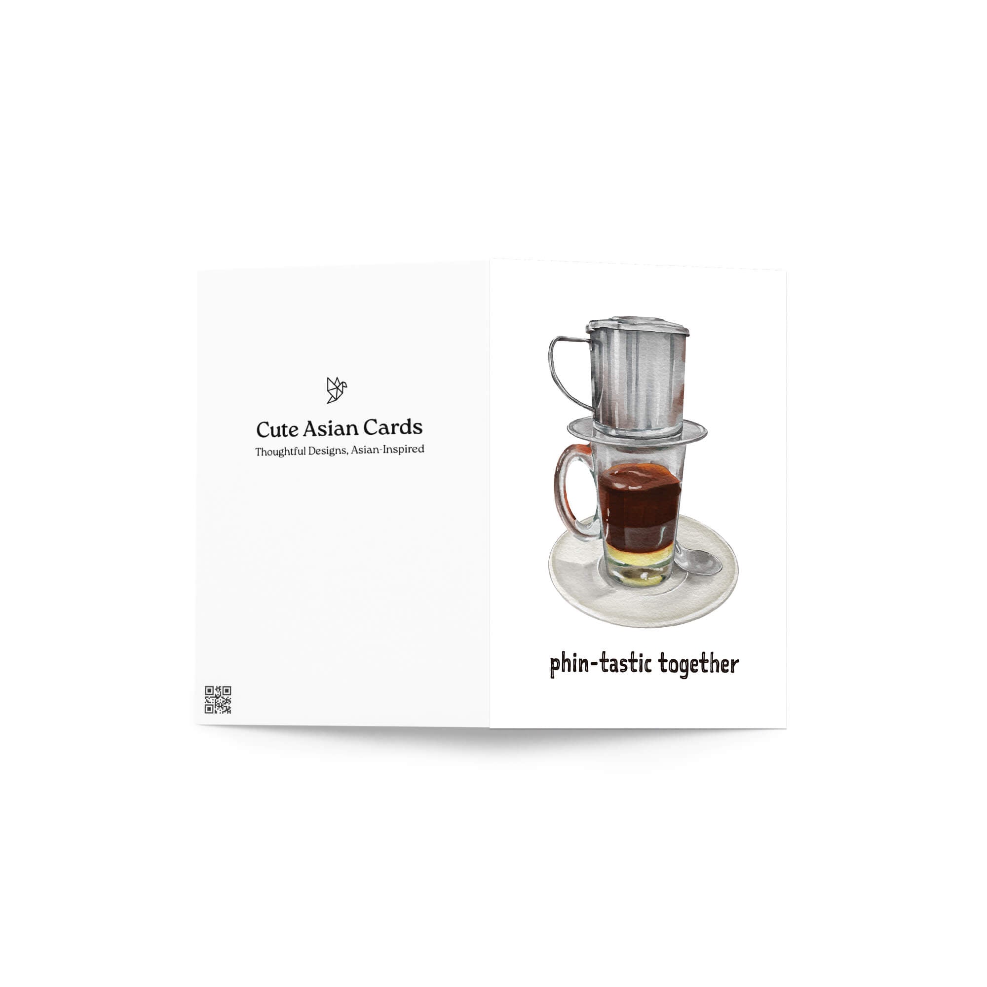 Tea-making setup with glass mug and metal filter on a white background, featuring 'Cute Asian Cards' branding.