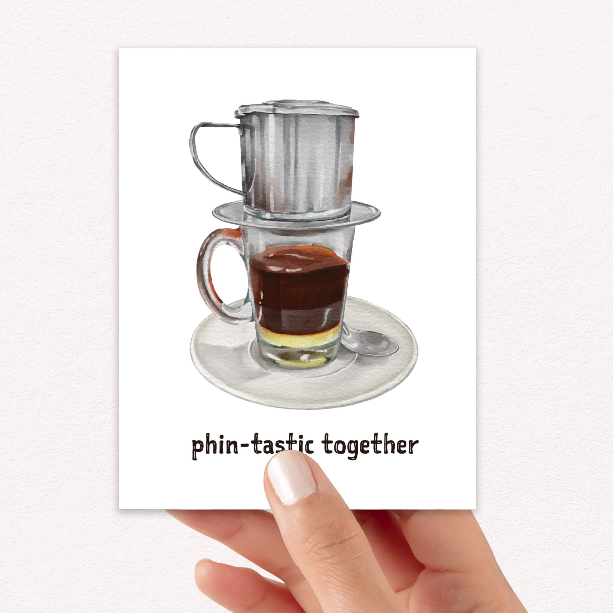 greeting Card with a vietnamese coffee filter and glass of coffee on a white background