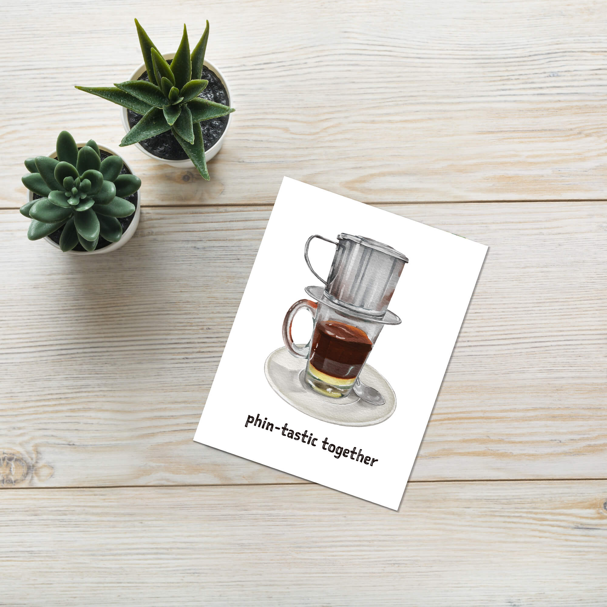 greeting Card with a vietnamese coffee filter and glass of coffee on a white background
