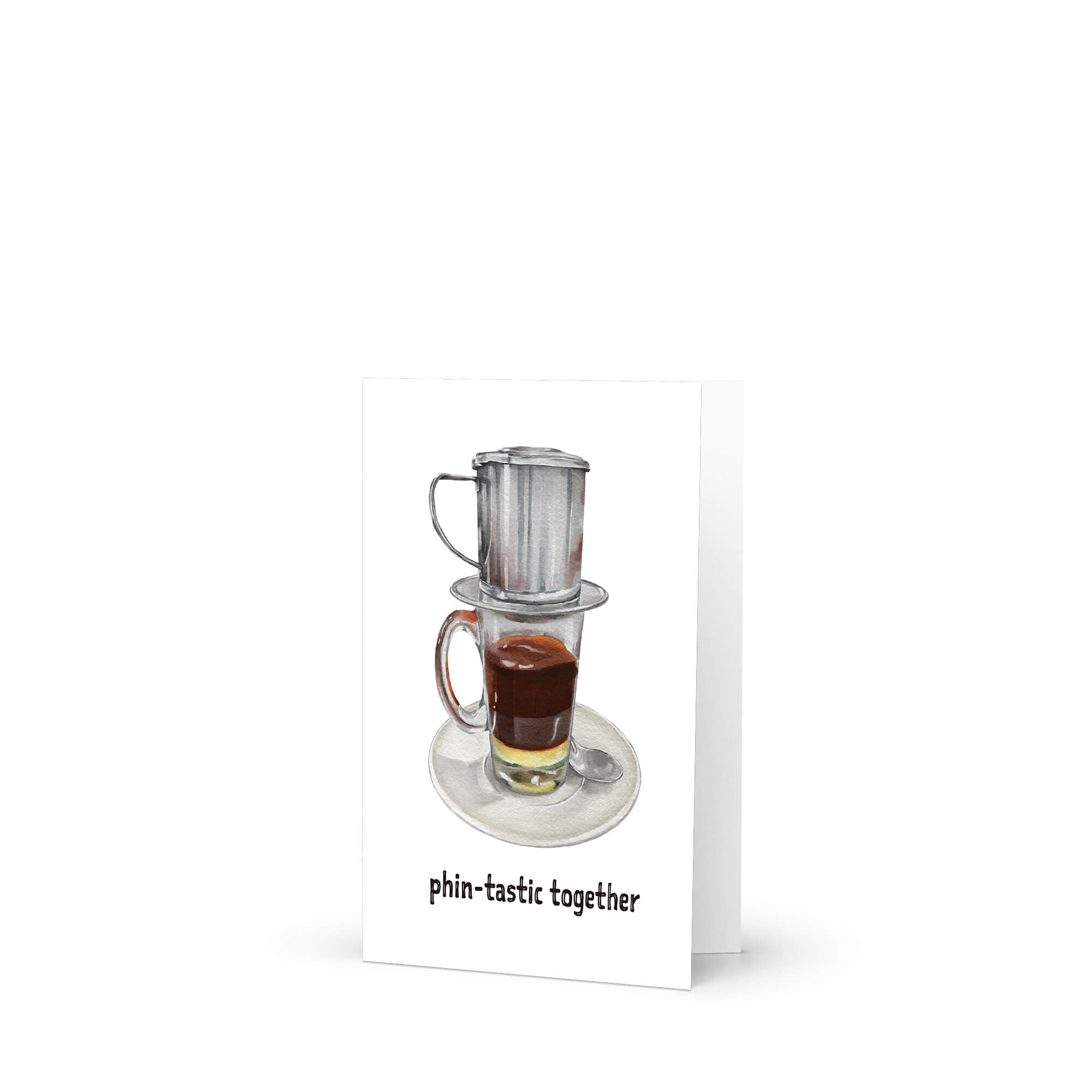 greeting Card with a vietnamese coffee filter and glass of coffee on a white background