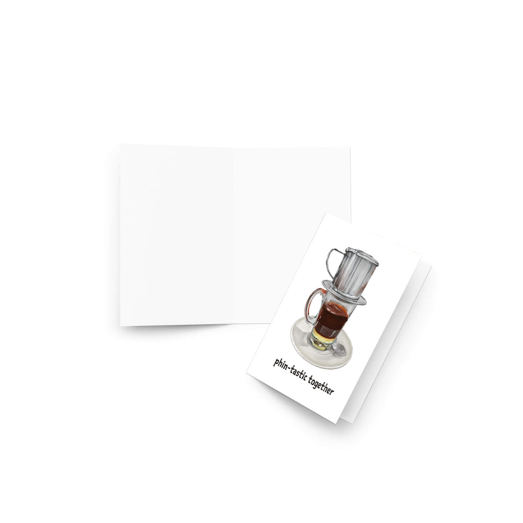 greeting Card with a vietnamese coffee filter and glass of coffee on a white background