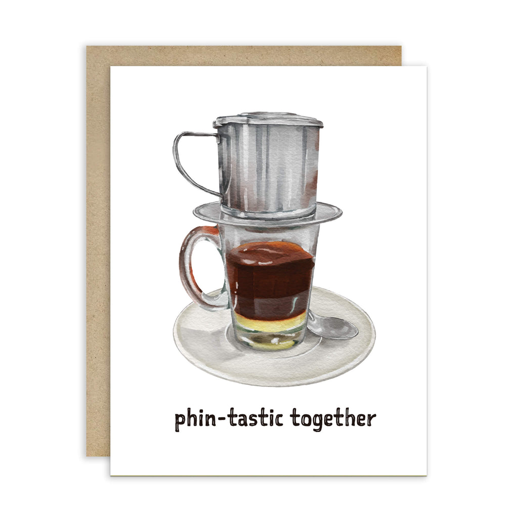 greeting Card with a vietnamese coffee filter and glass of coffee on a white background