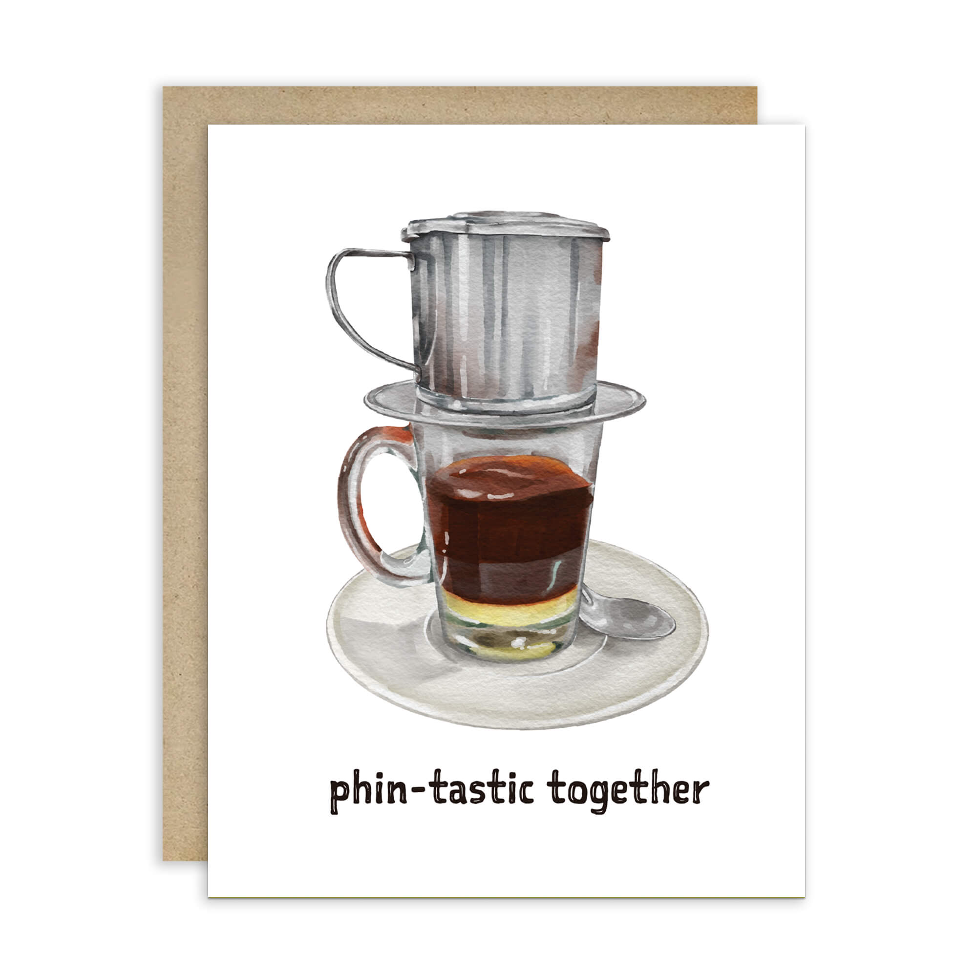 greeting Card with a vietnamese coffee filter and glass of coffee on a white background