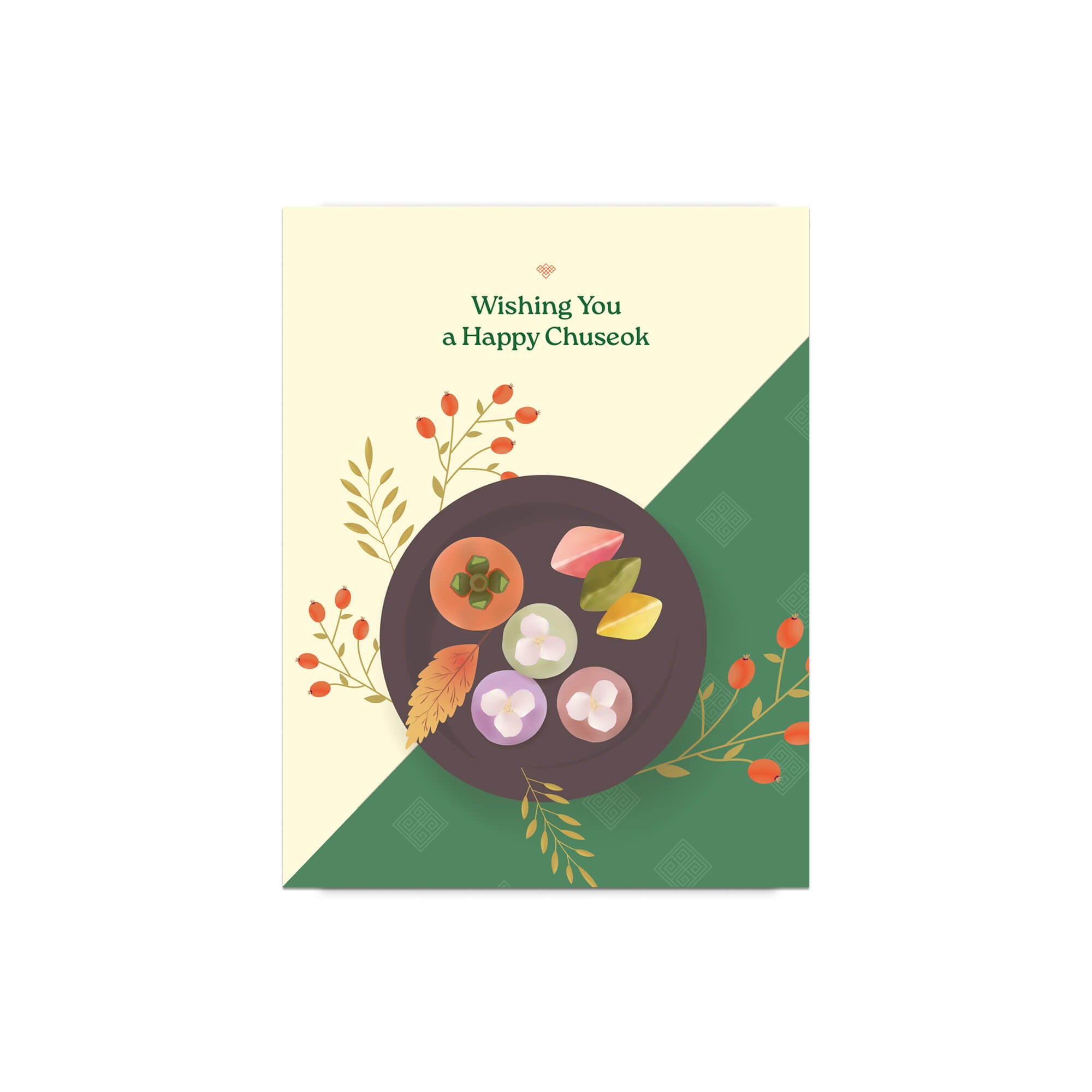 korean Greeting card with a plate of traditional Korean dishes Persimmon, Songpyeon & Hangwa for mid autumn festival  on a green and beige background.