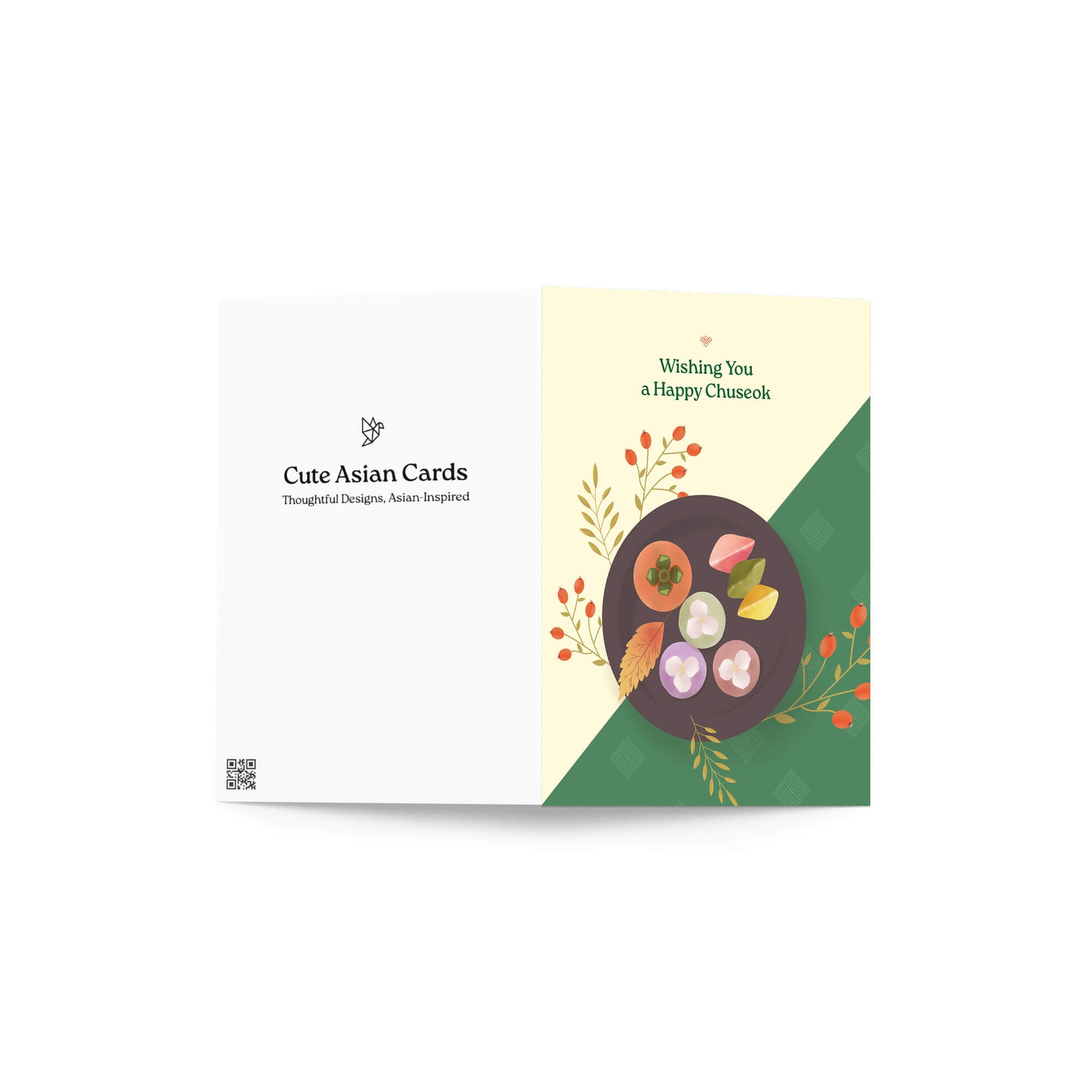 korean Greeting card with a plate of traditional Korean dishes Persimmon, Songpyeon & Hangwa for mid autumn festival  on a green and beige background.