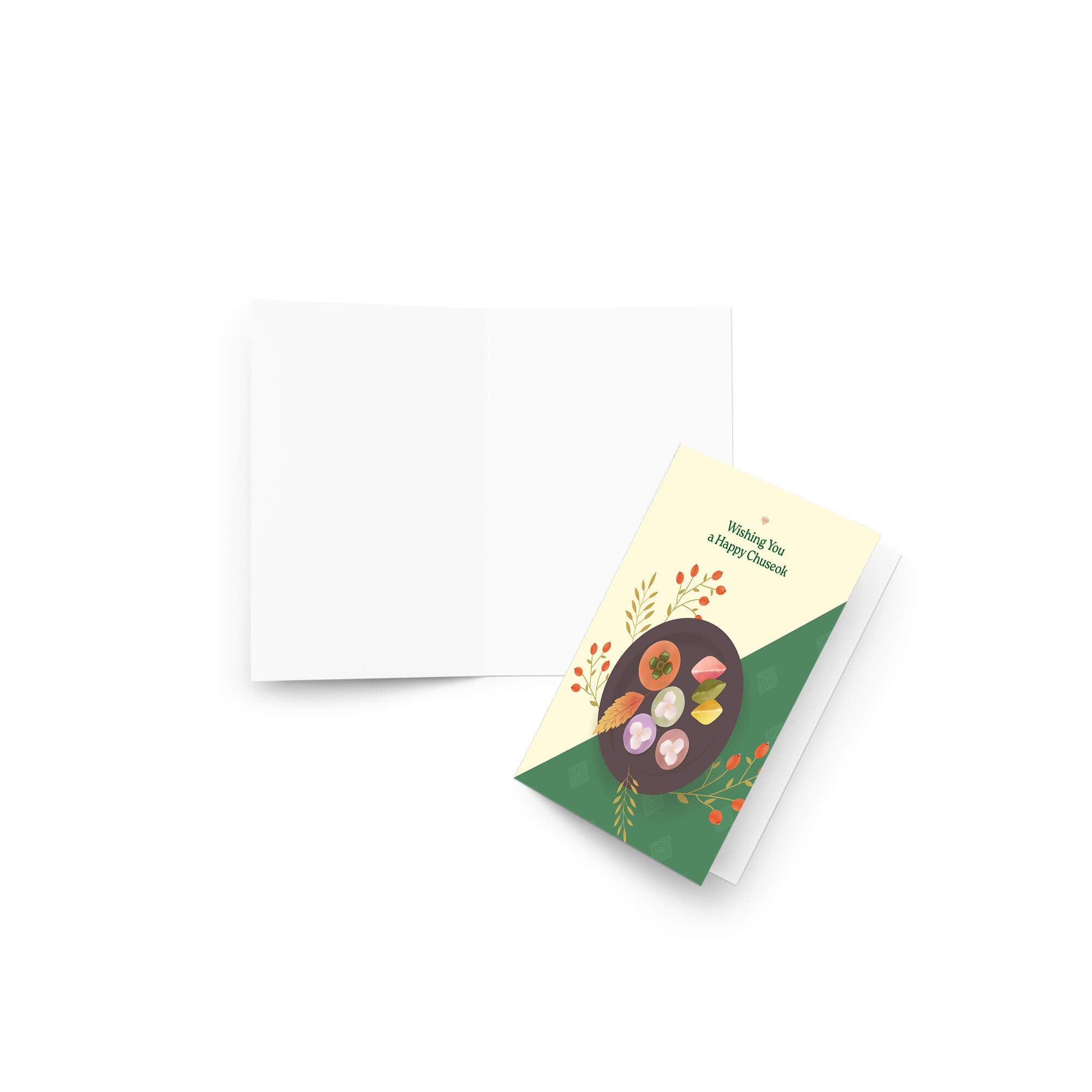 korean Greeting card with a plate of traditional Korean dishes Persimmon, Songpyeon & Hangwa for mid autumn festival  on a green and beige background.