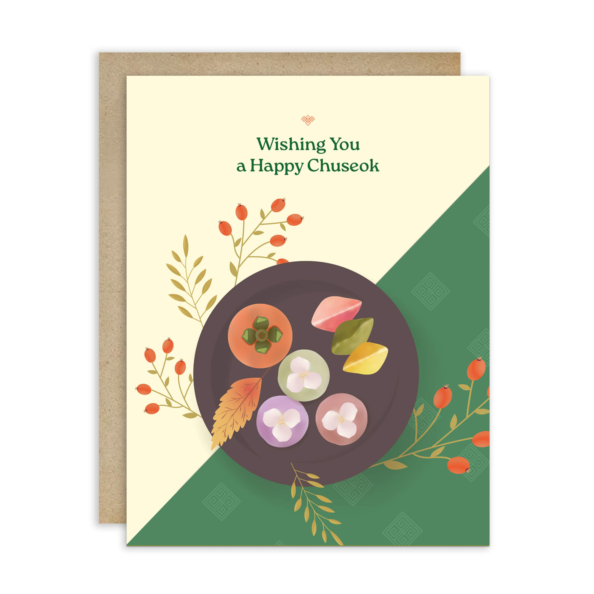 korean Greeting card with a plate of traditional Korean dishes Persimmon, Songpyeon & Hangwa for mid autumn festival  on a green and beige background.