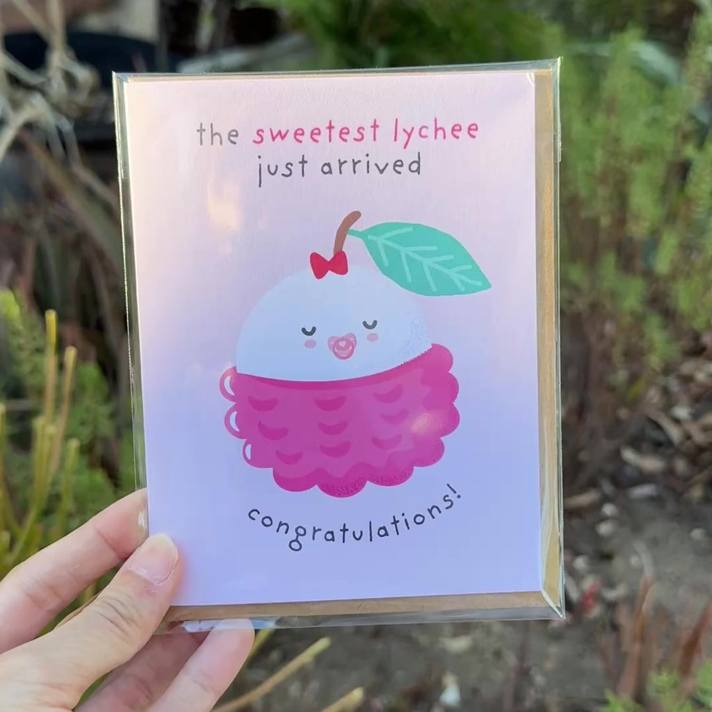 Lychee Baby Shower Card | Pink Asian Fruit Sweetest New Baby Congratulations