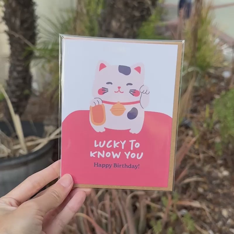 Lucky to Know You Cute Birthday Card | Kawaii Asian Japanese Maneki Neko Cat