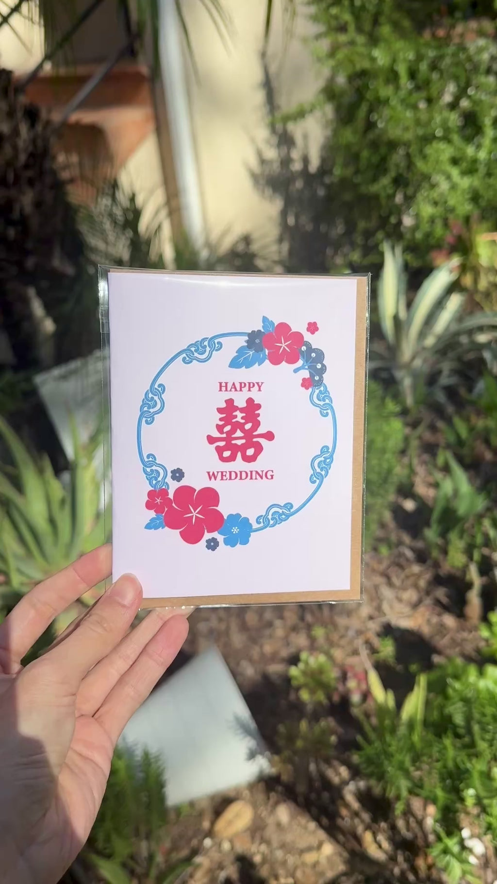 Pink Double Happiness Asian Wedding Cards | Wreath Greeting Newlyweds