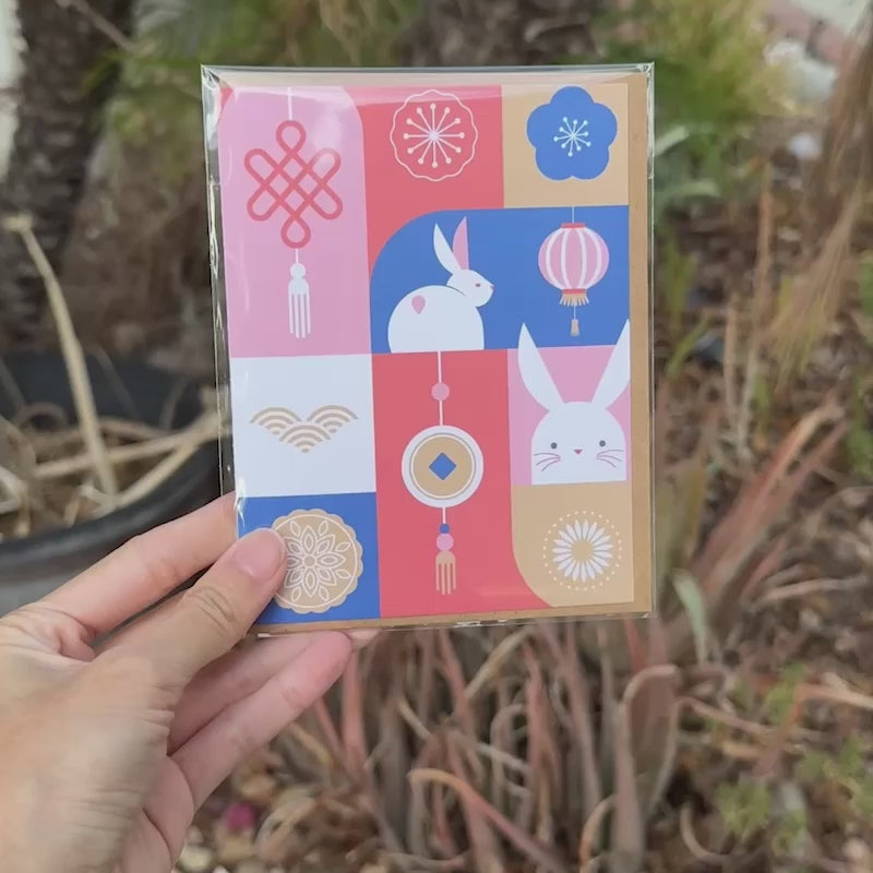 Minimalist Mid-Autumn Festival Card | Mooncake, Lanterns & White Rabbit