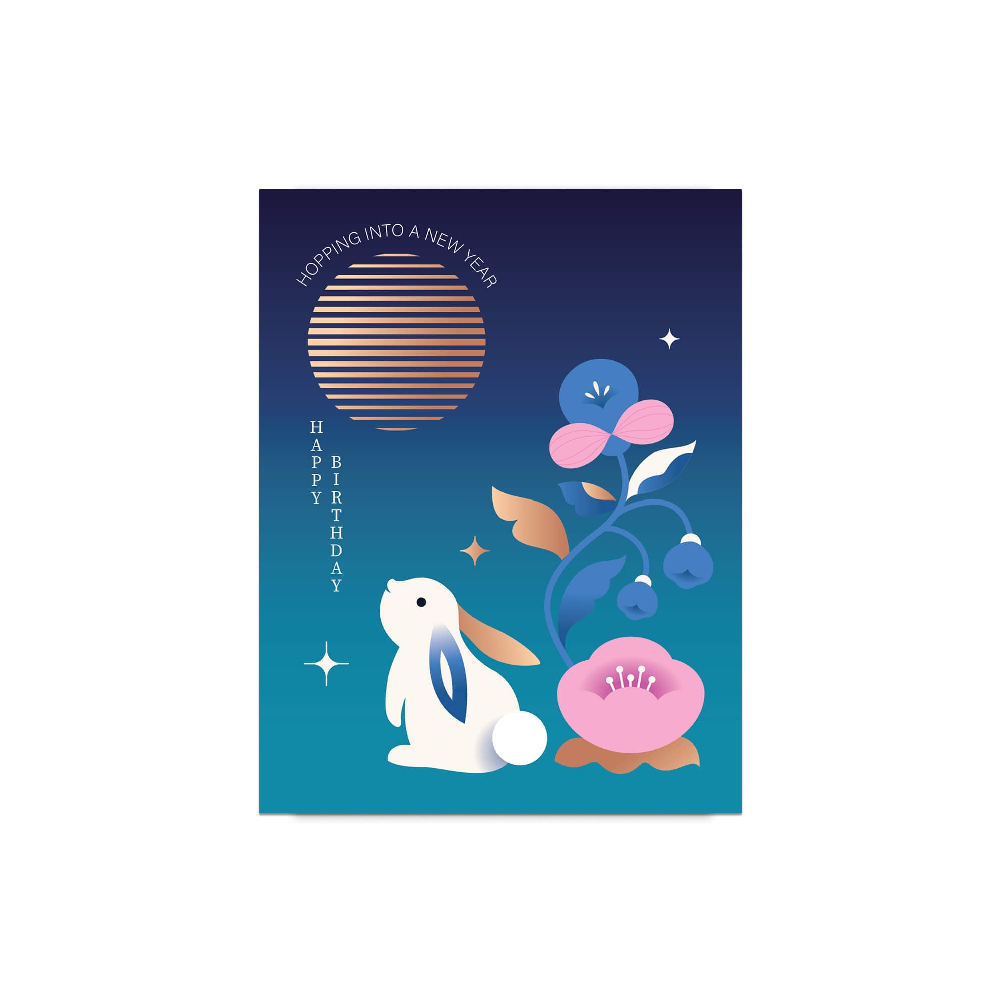 birthday Greeting card with a rabbit and flowers on a blue background