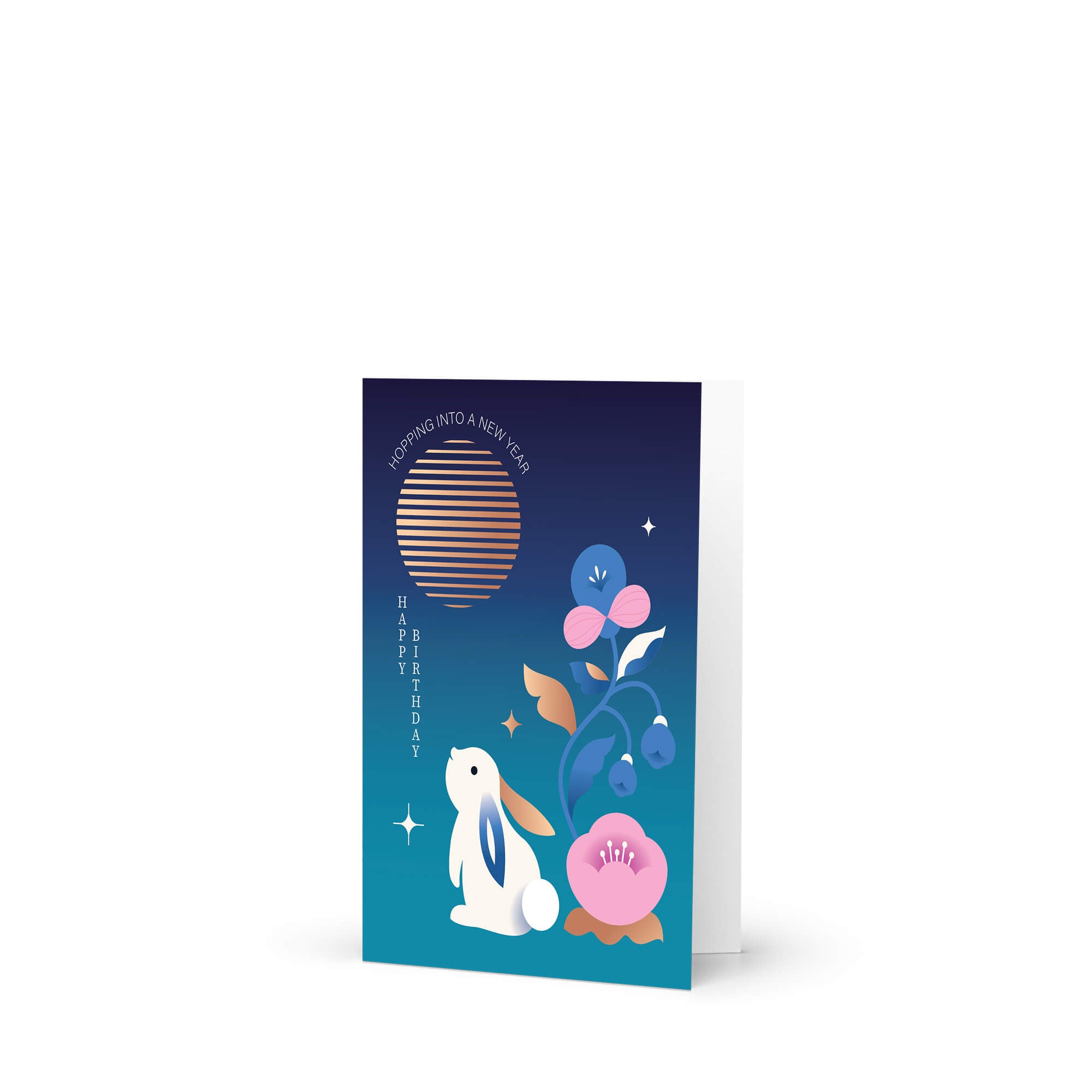 Greeting card with a rabbit and floral design on a blue background