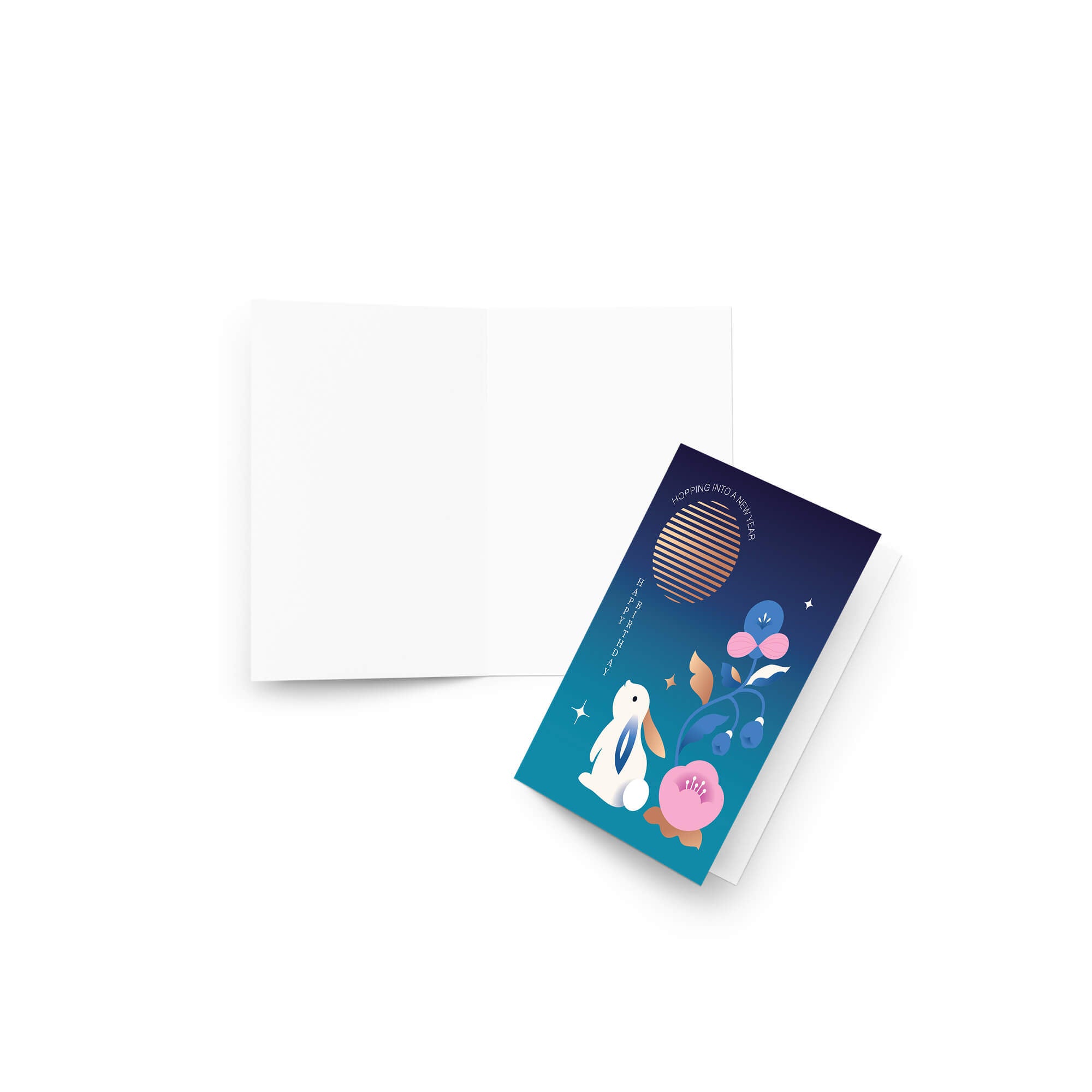 Greeting card with rabbit and floral design on a white background